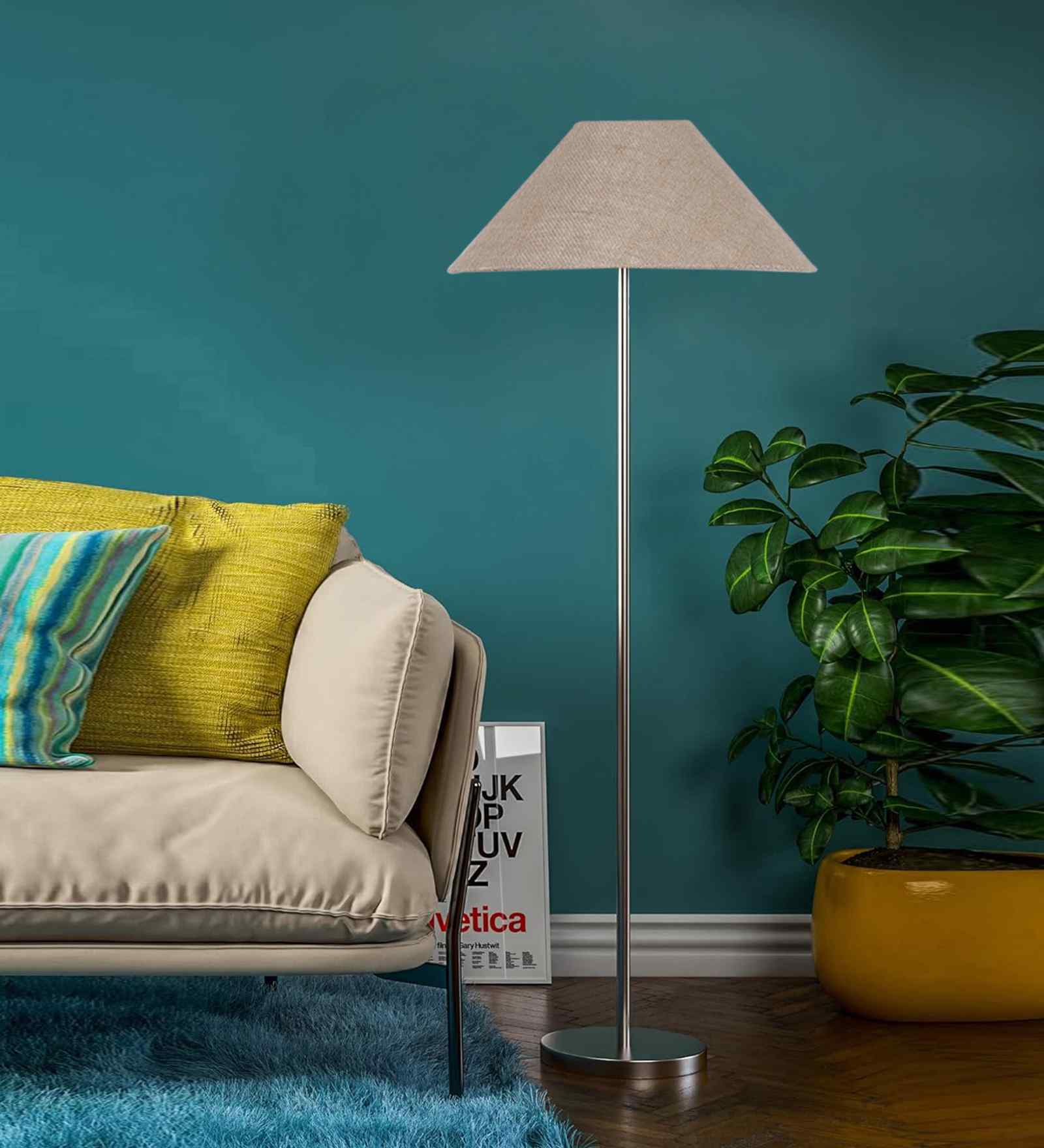 Beige Jute Coolie Shade Floor Lamp Steel Base