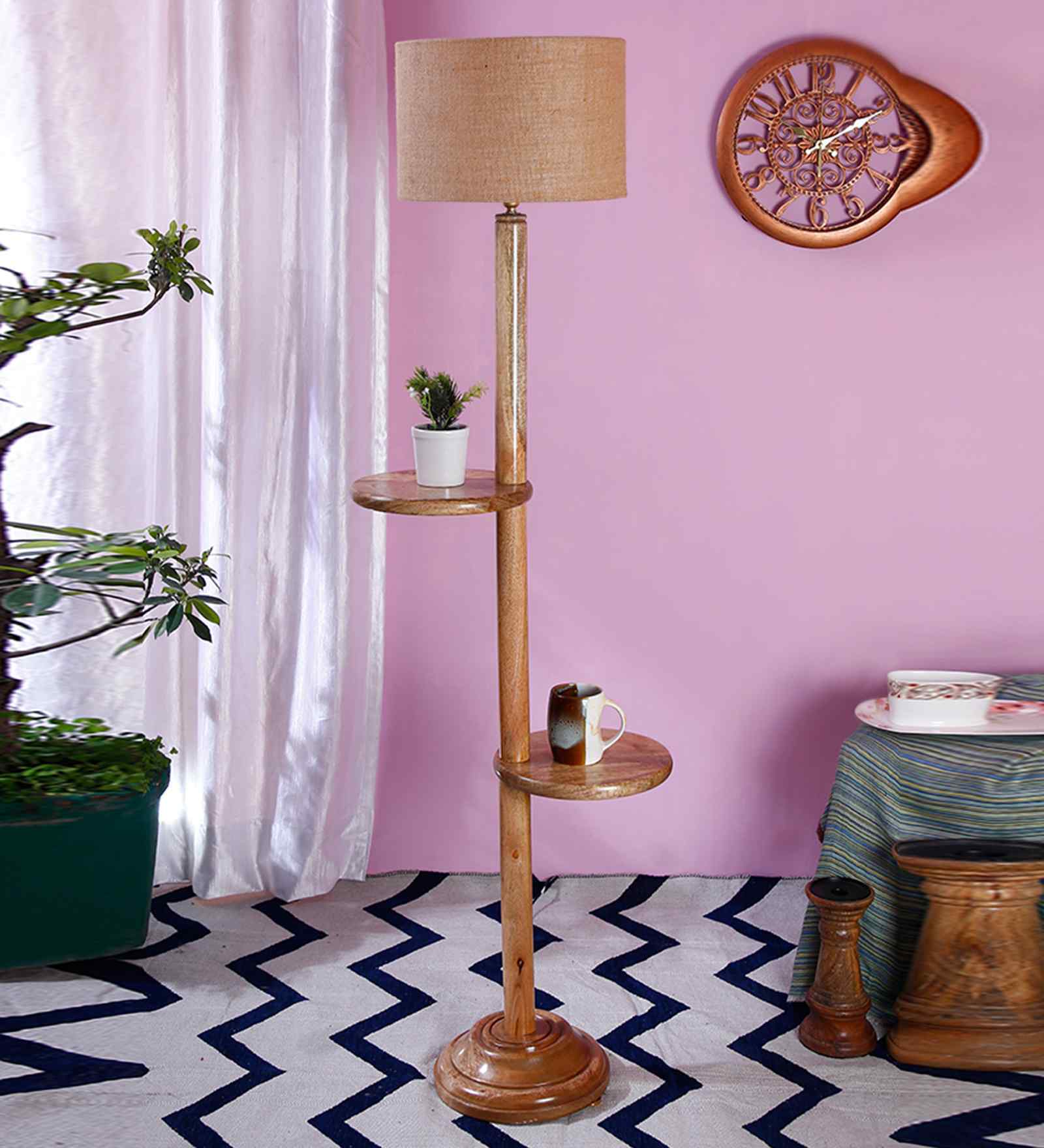 Beige Jute Drum Wooden Floor Lamp