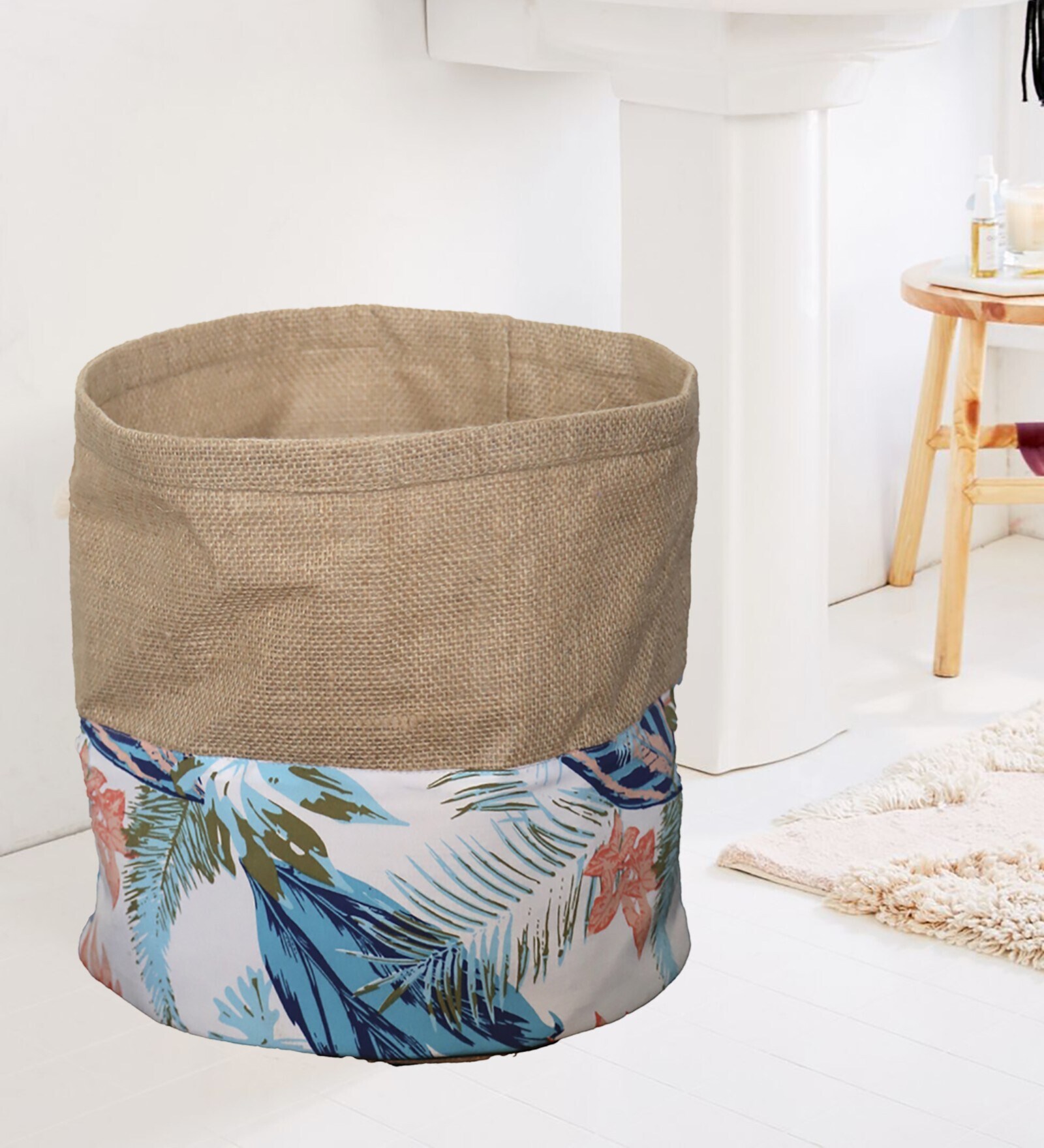 Beige Jute Floral Foldable 40 Ltr Laundry Basket