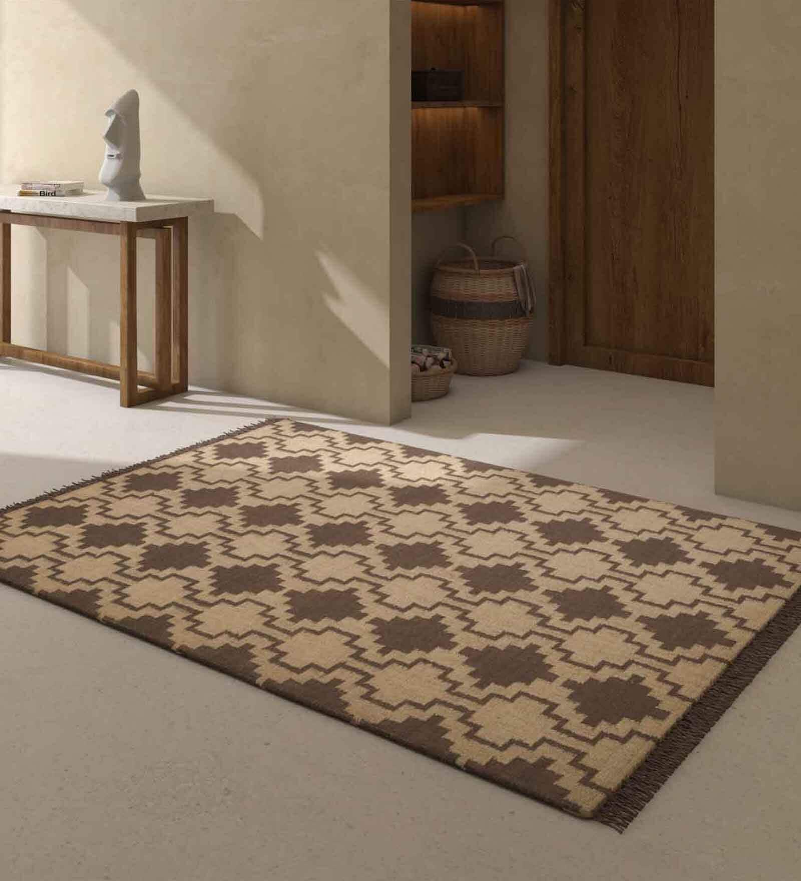 Beige Jute Geometric 60 x 84 Inches Flat Weaves Dhurries