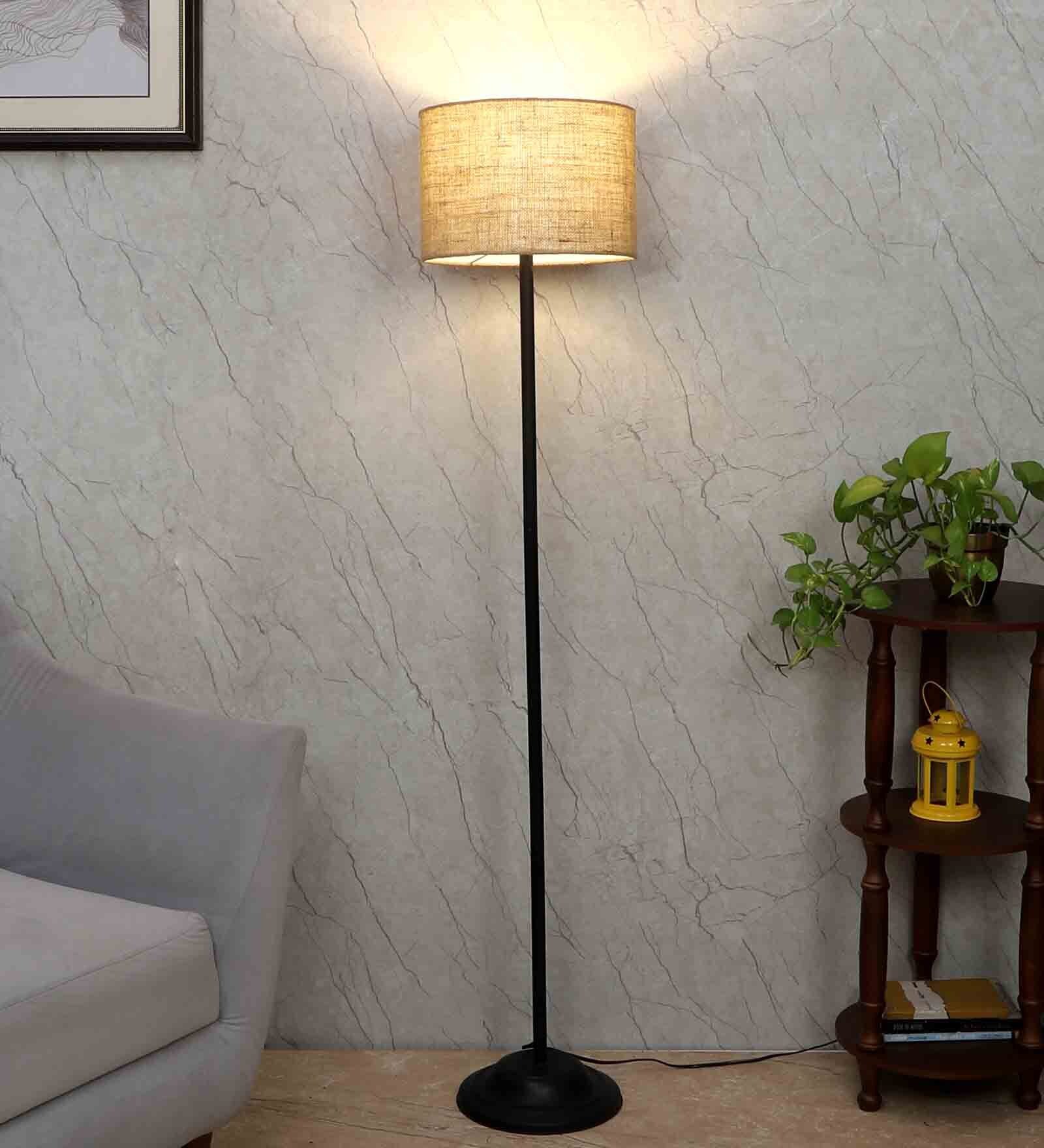 Beige Jute Shade Club Floor Lamp Iron Base