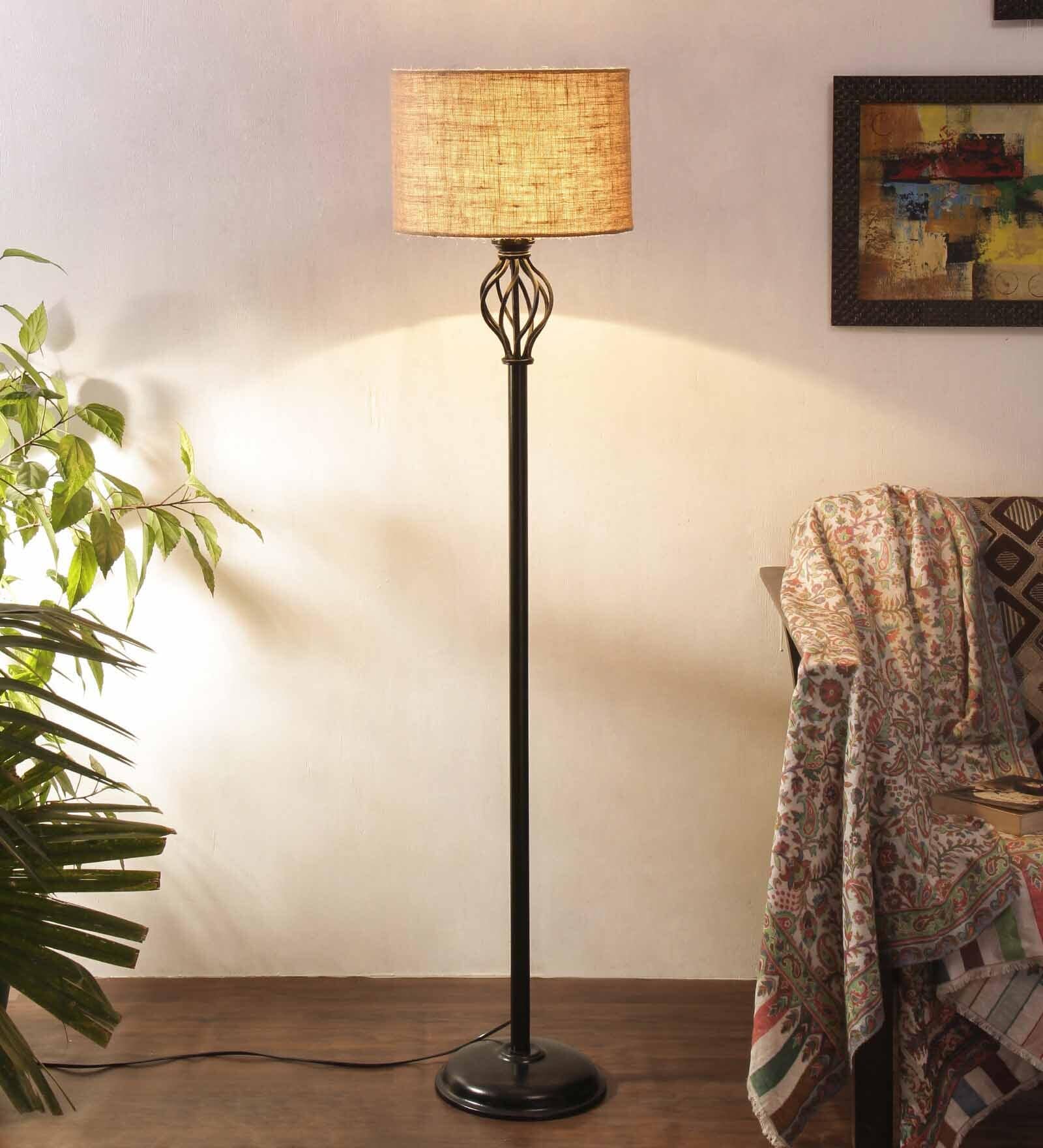 Benevento Beige Jute Shade Club Floor Lamp With Iron Base