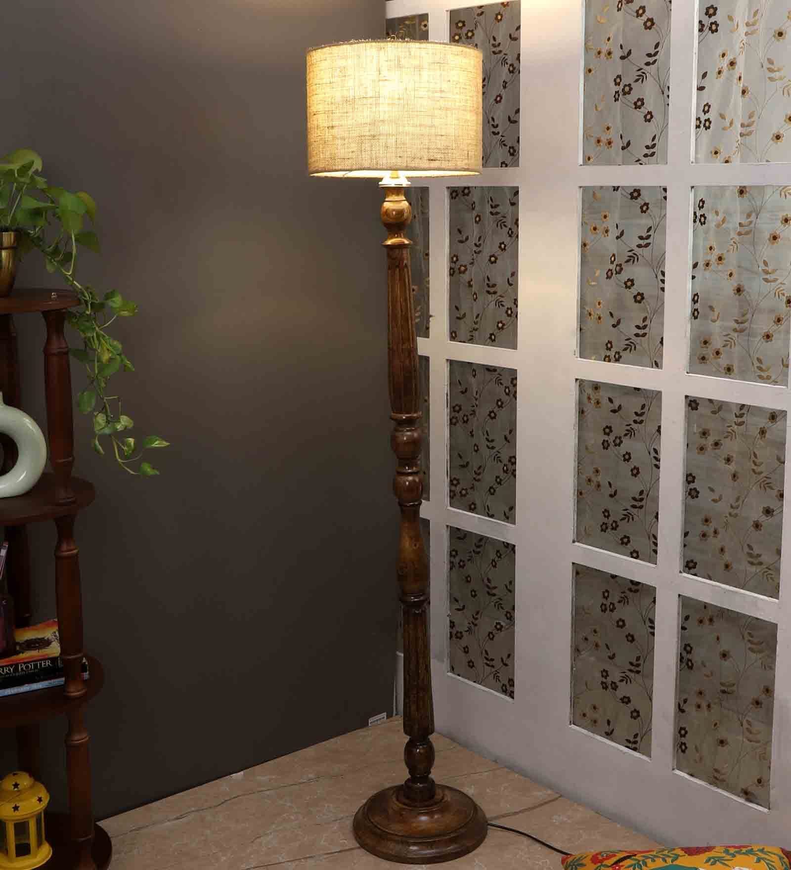 Beige Jute Shade Novelty Floor Lamp Mango Wood Base