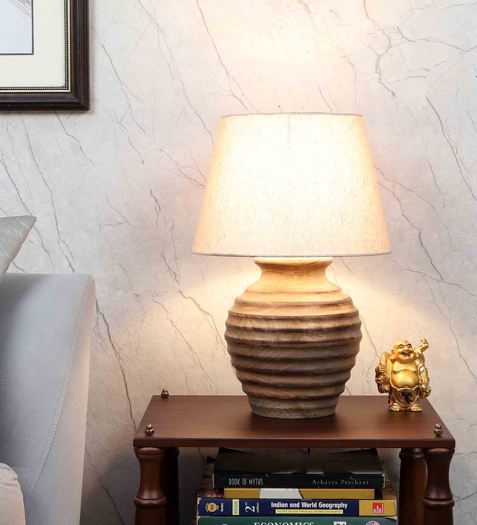Beige Jute Shade Table Lamp With Mango Wood Base