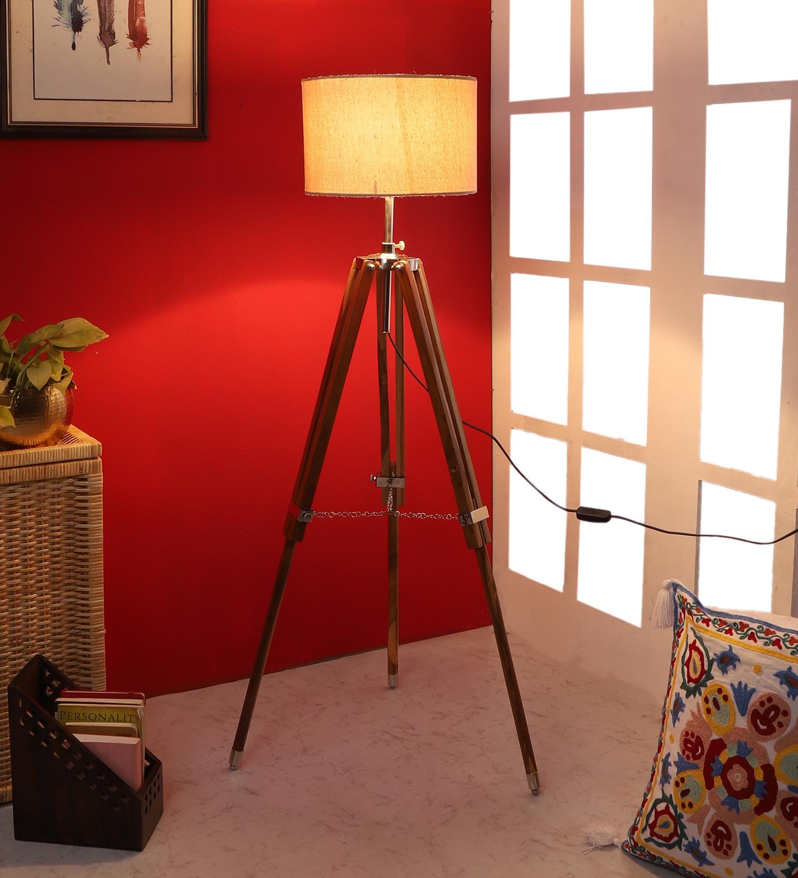 Bezalel Beige Jute Shade Tripod Floor Lamp With Teak wood Base