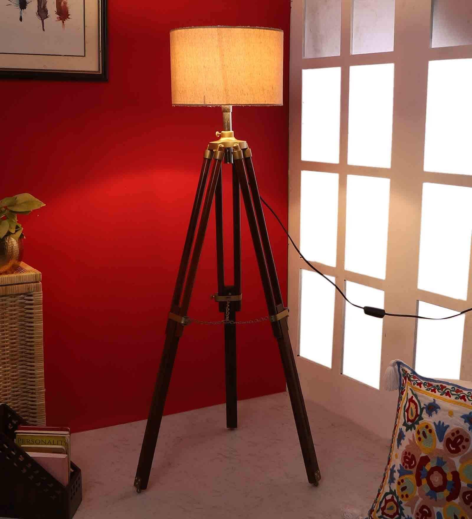 Beige Jute Shade Tripod Floor Lamp With Sheesham Wood Base