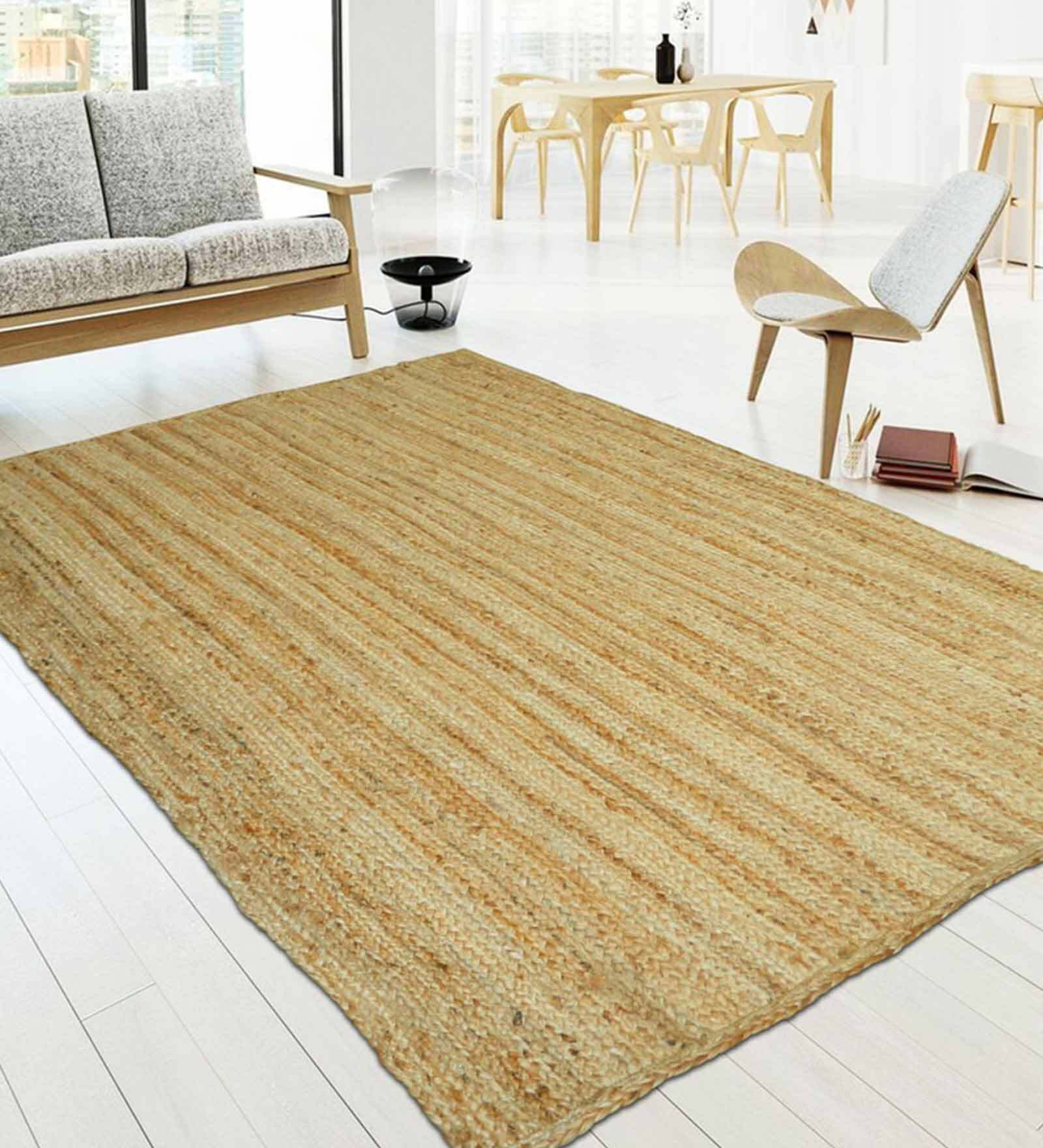 Beige Solid Jute 4 ft x 6 ft Hand Woven Carpet