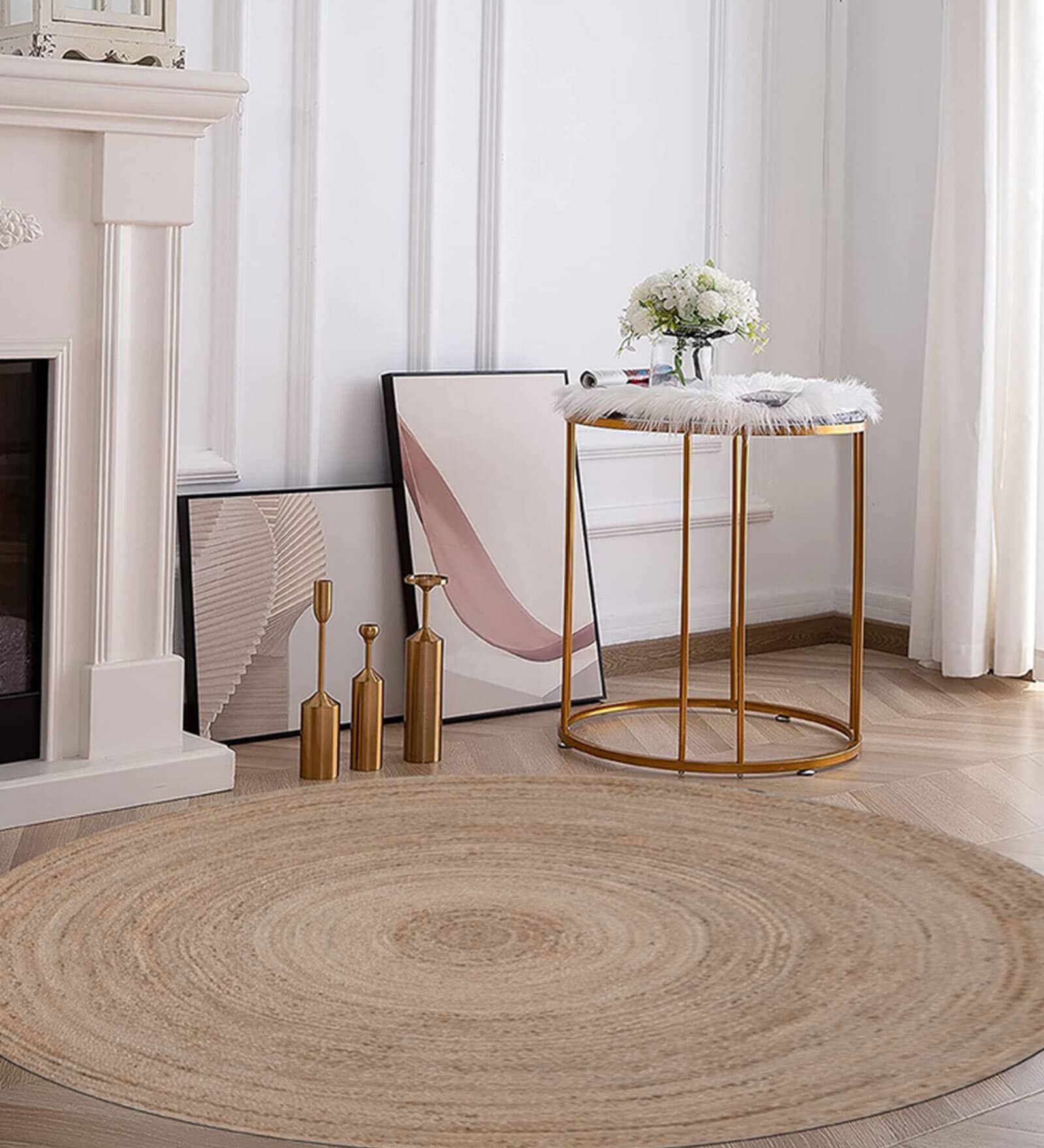 Beige Jute Solid 6 Feet Round Hand Woven Carpet