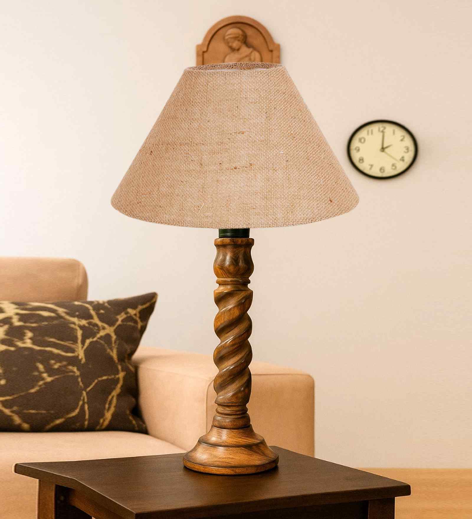 Beige Jute Table Lamp With  Wood  Base10X19 Inches
