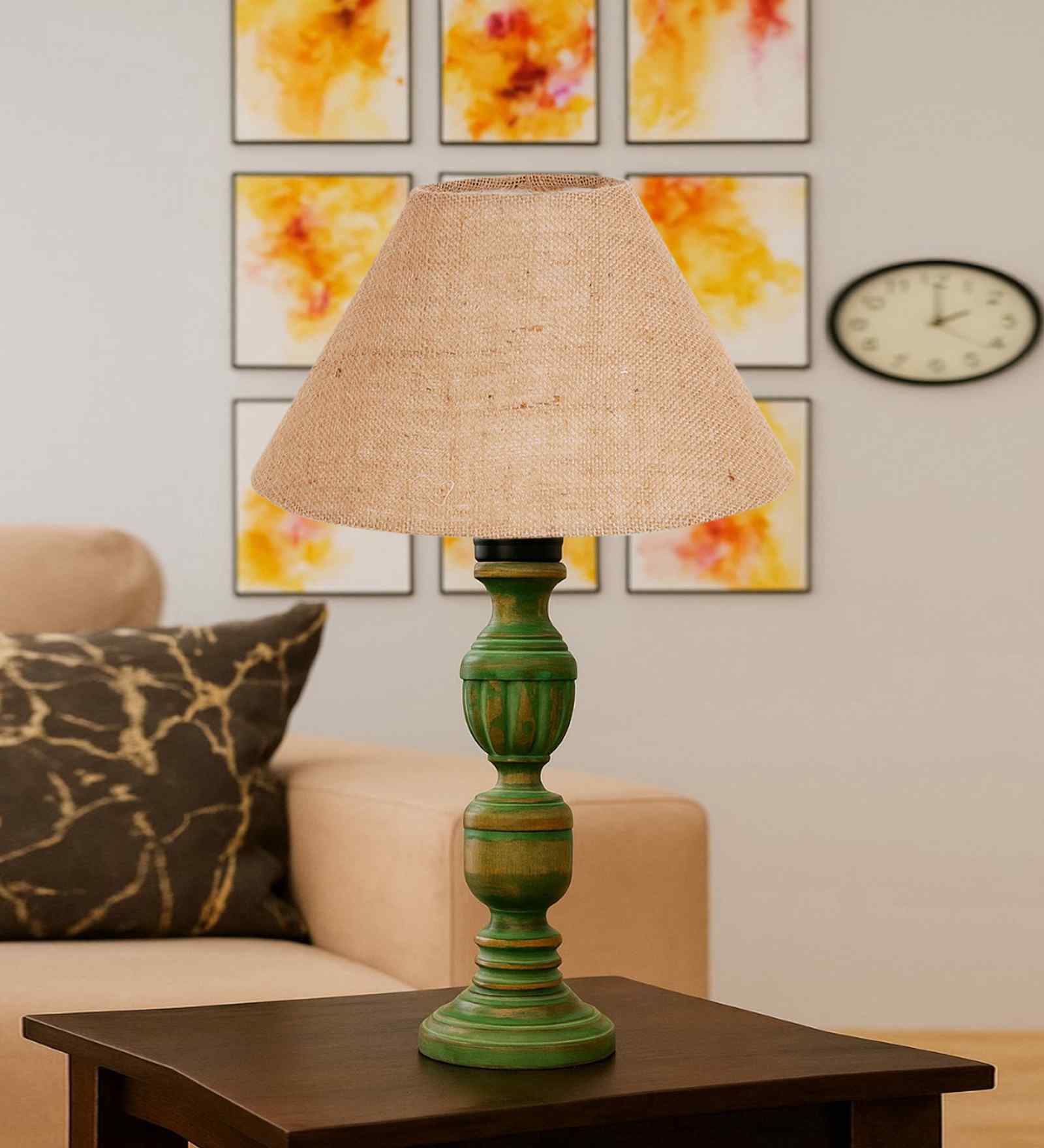 Beige Jute Table Lamp With  Wood  Base10X19 Inches