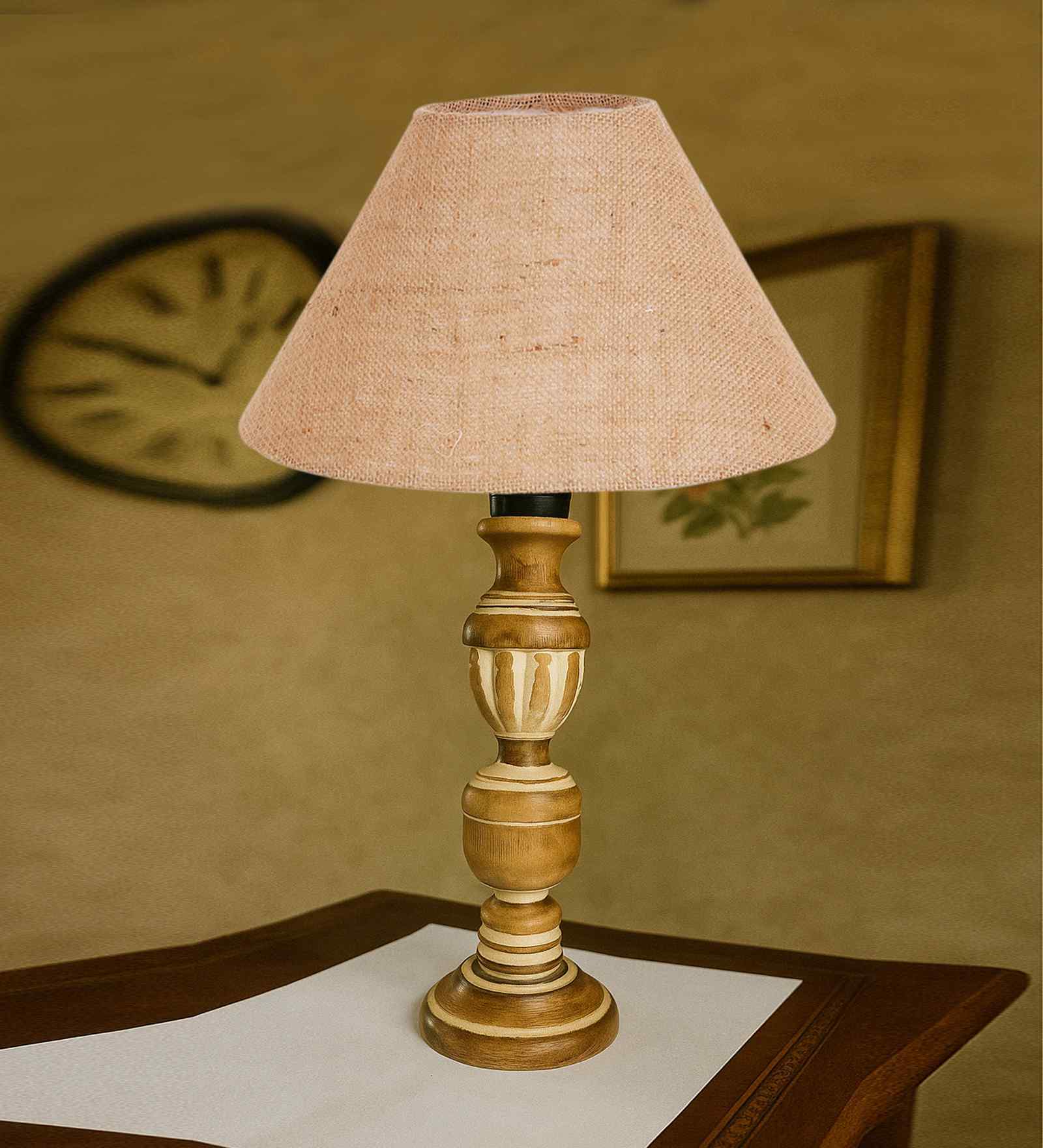 Beige Jute Table Lamp With  Wood  Base10X19 Inches