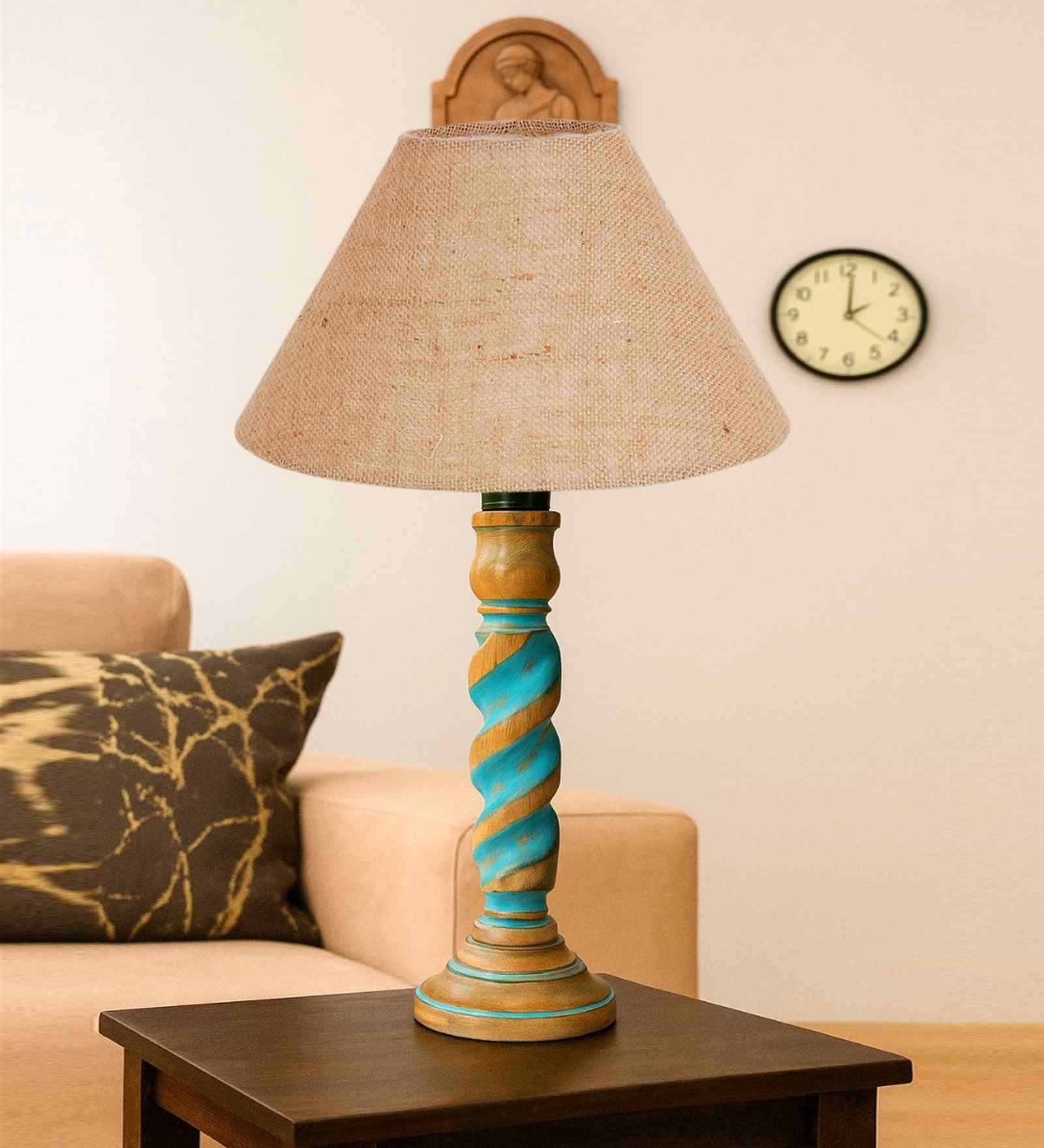 Beige Jute Table Lamp With  Wood  Base10X19 Inches