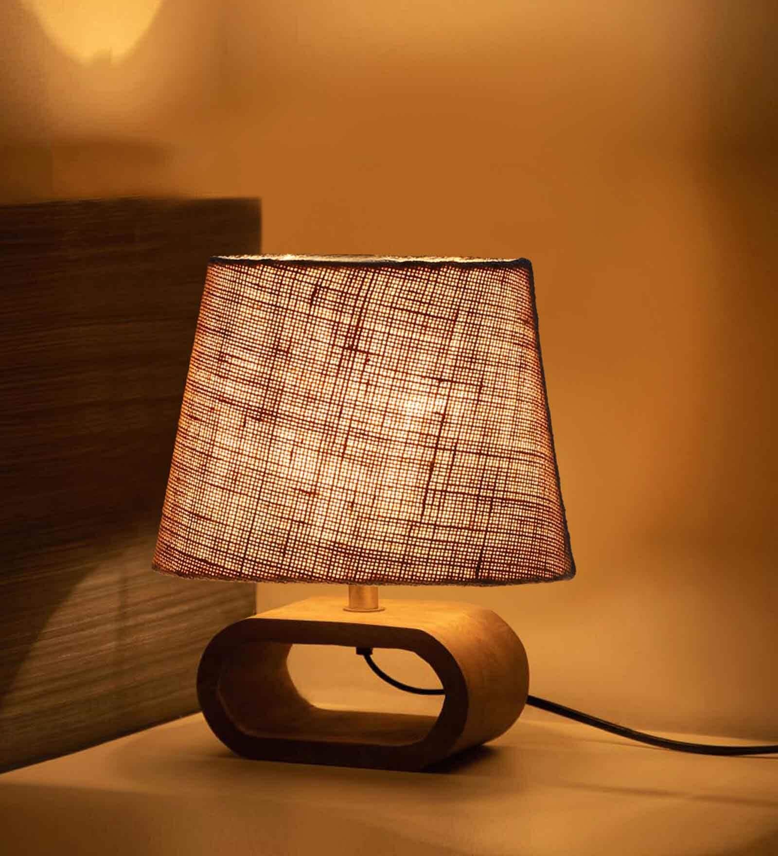 Beige Jute table lamp with  Wood Natural base (7x12 inches)