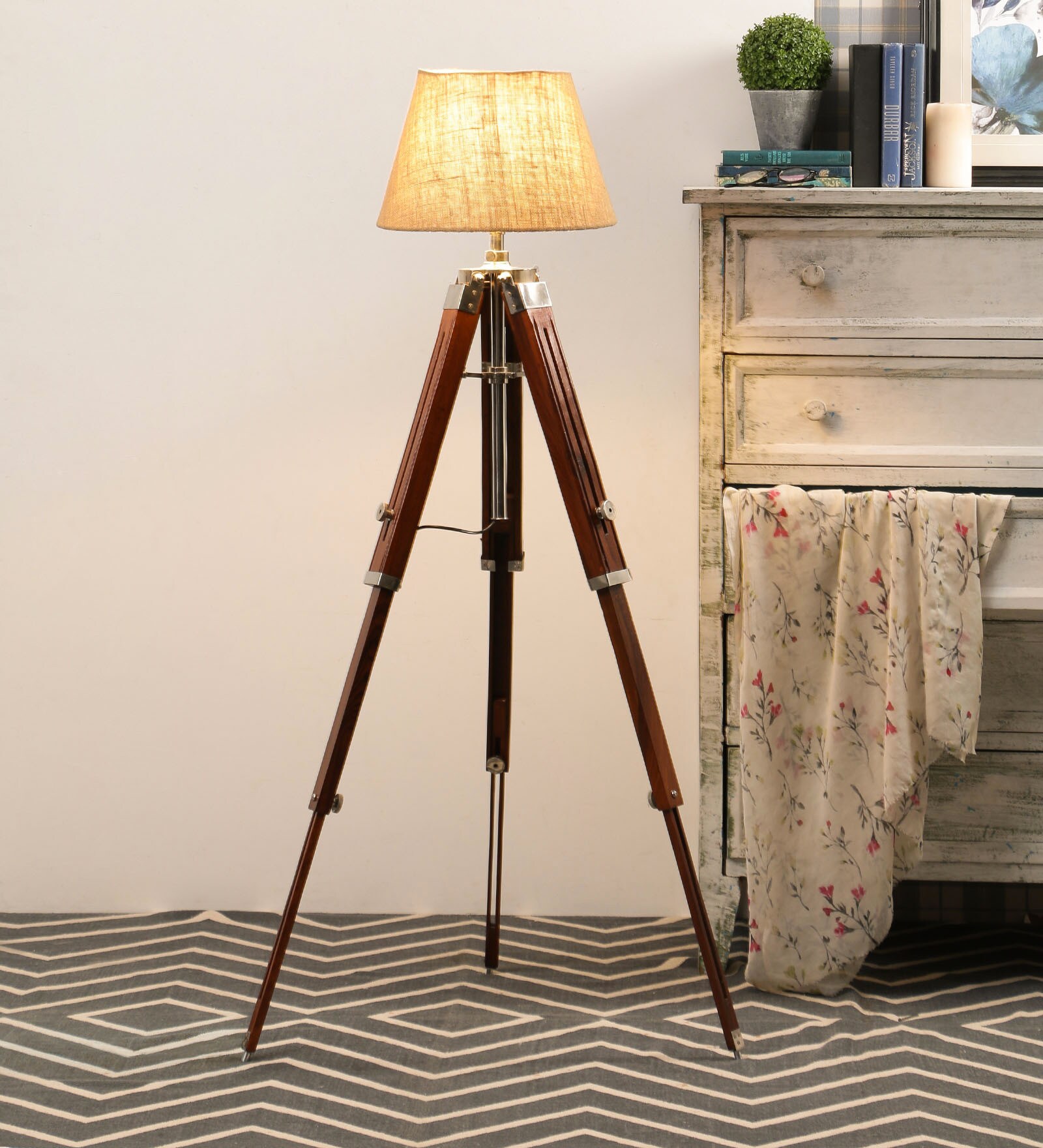 Buy Beige Fabric Shade Tripod Floor Lamp with Brown Base at 31% OFF by ...