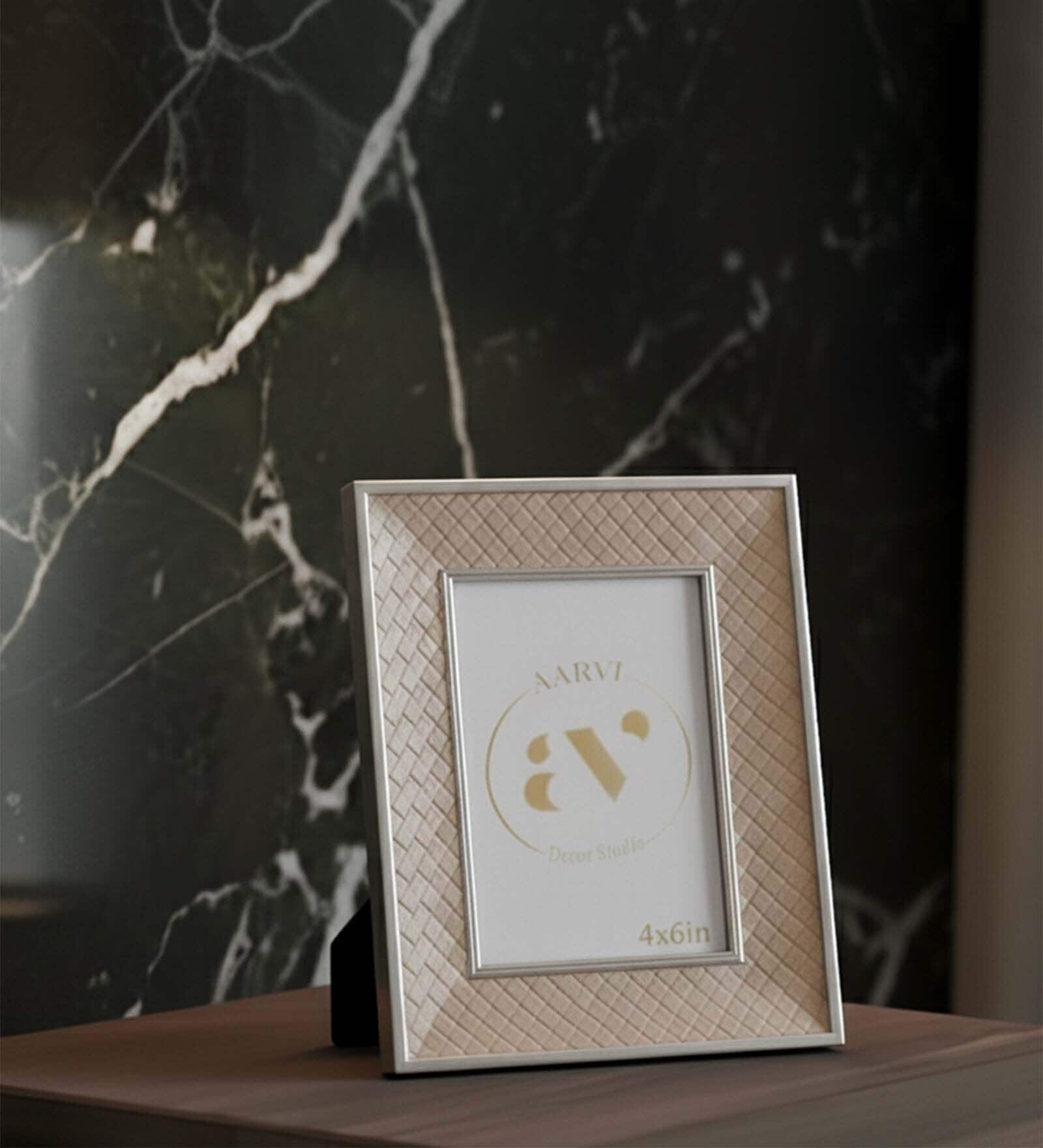 Beige Leather & Metal Weave Wall And Tabletop Photo Frame 4X6Inches