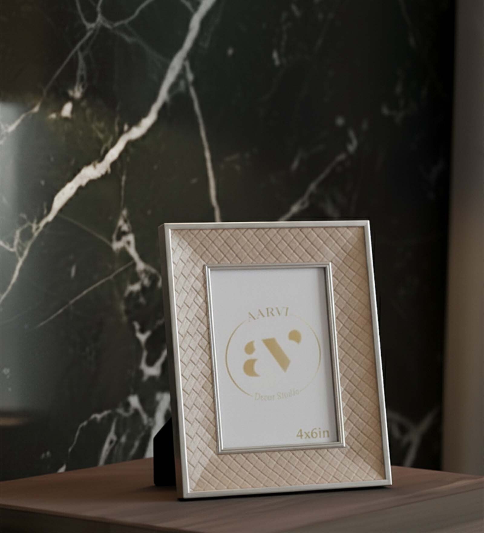 Beige Leather & Metal Weave Wall And Tabletop Photo Frame 4X6Inches
