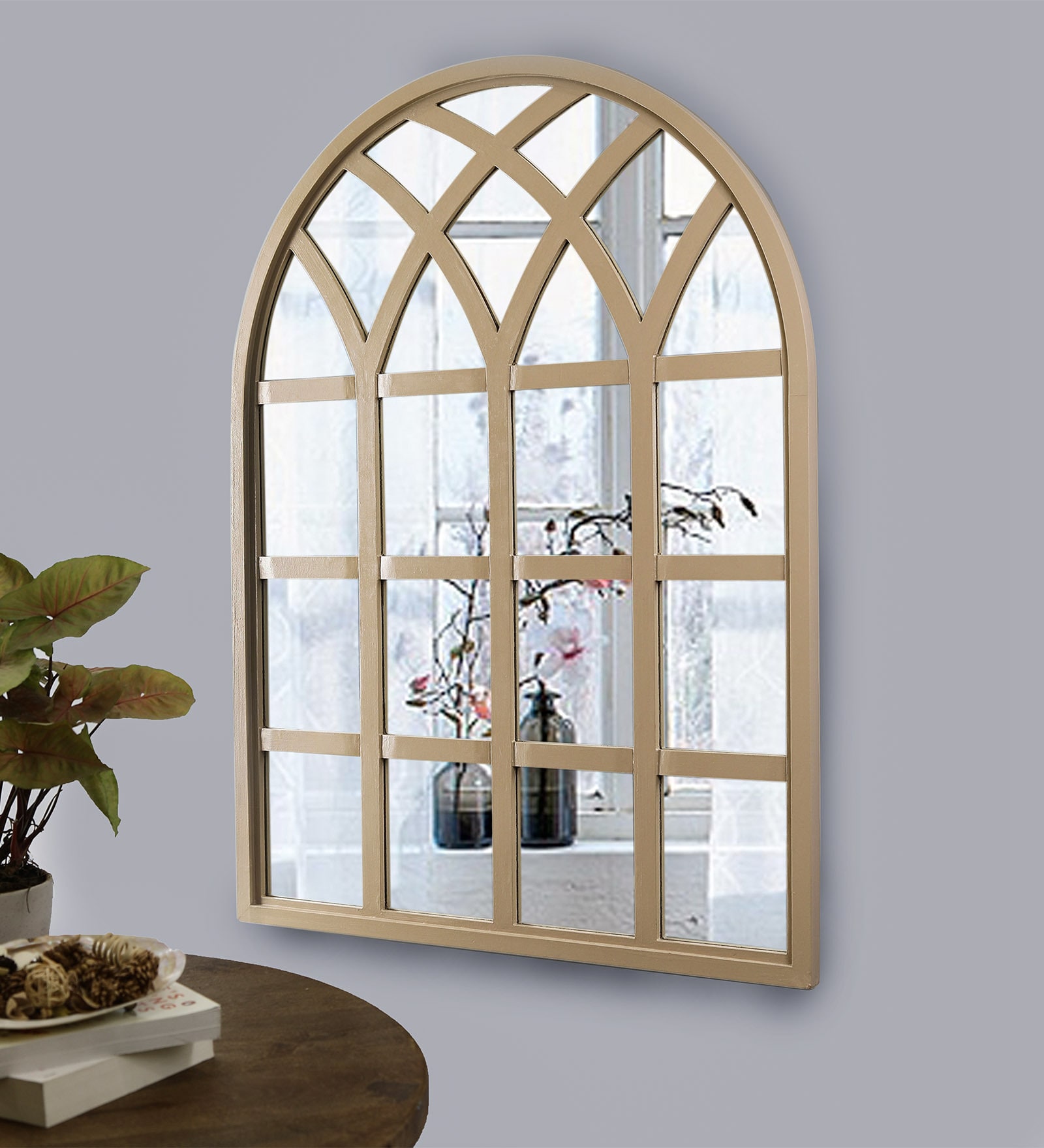 Solid Wood Wall Mirror in Beige Finish