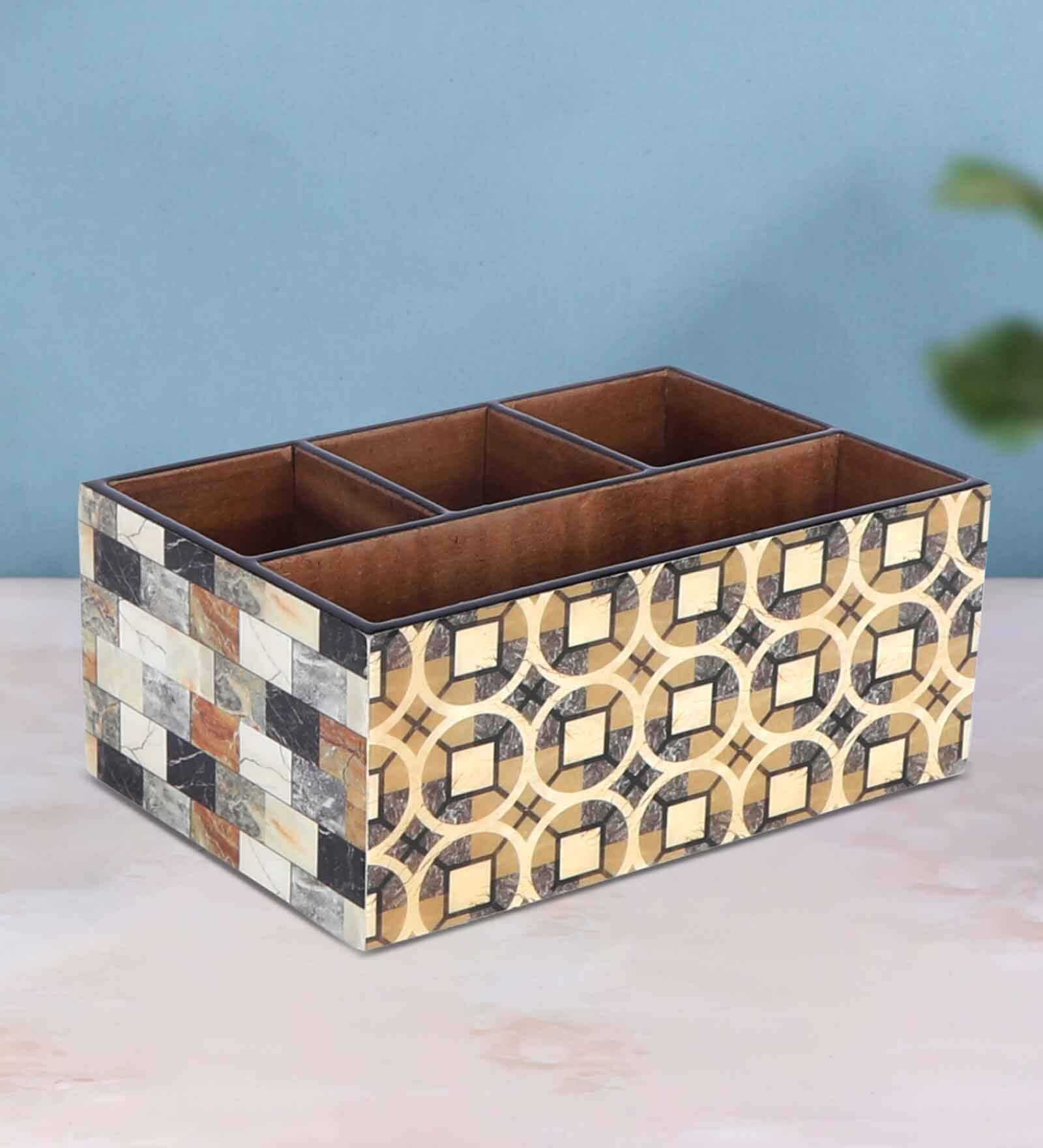 Beige Mdf Wood Rectangle 1 Pcs Cutlery Holder