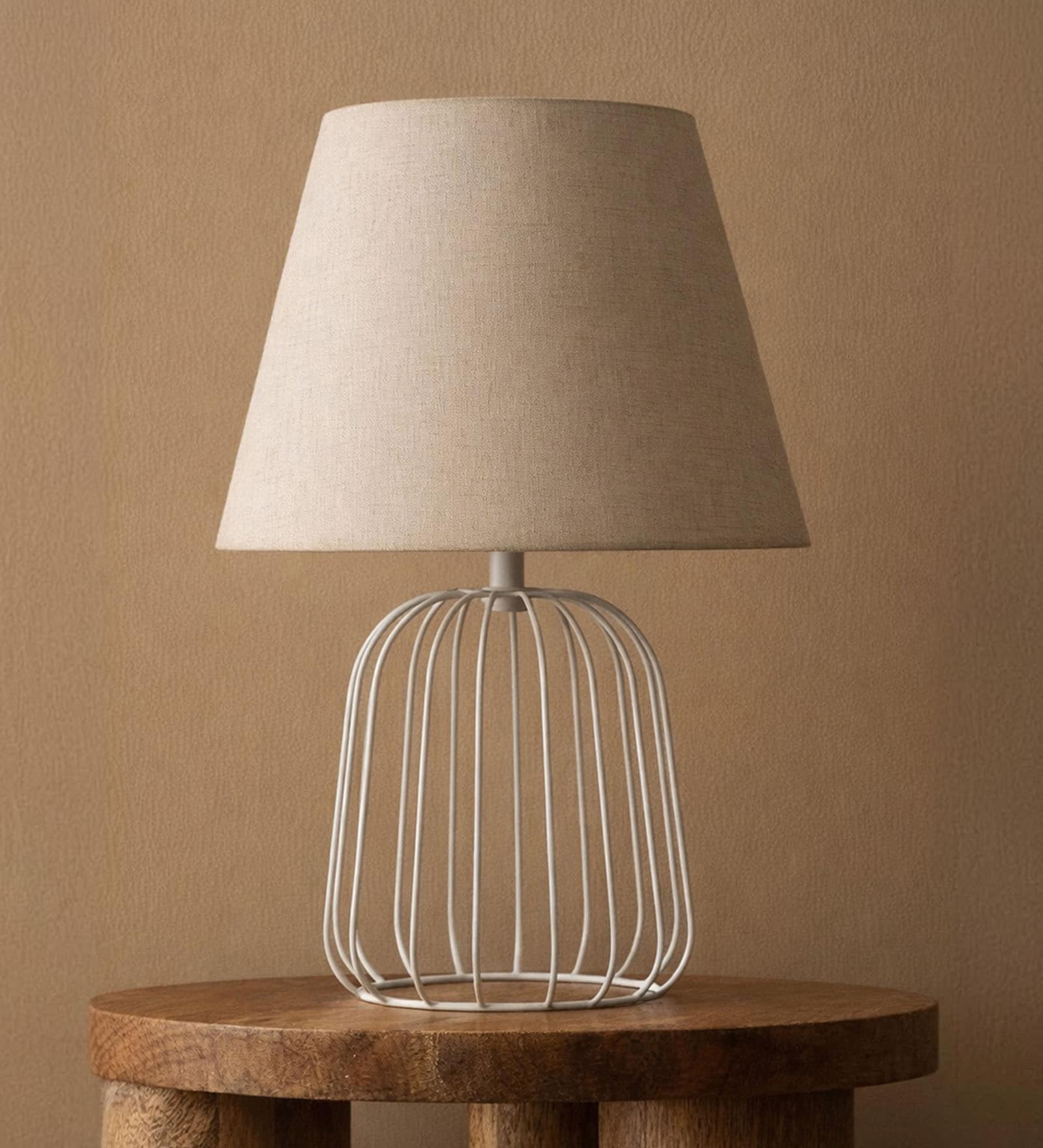 Beige Metal Cage Table Lamp With Cotton Fabric Shade   Minimalist Home Lighting