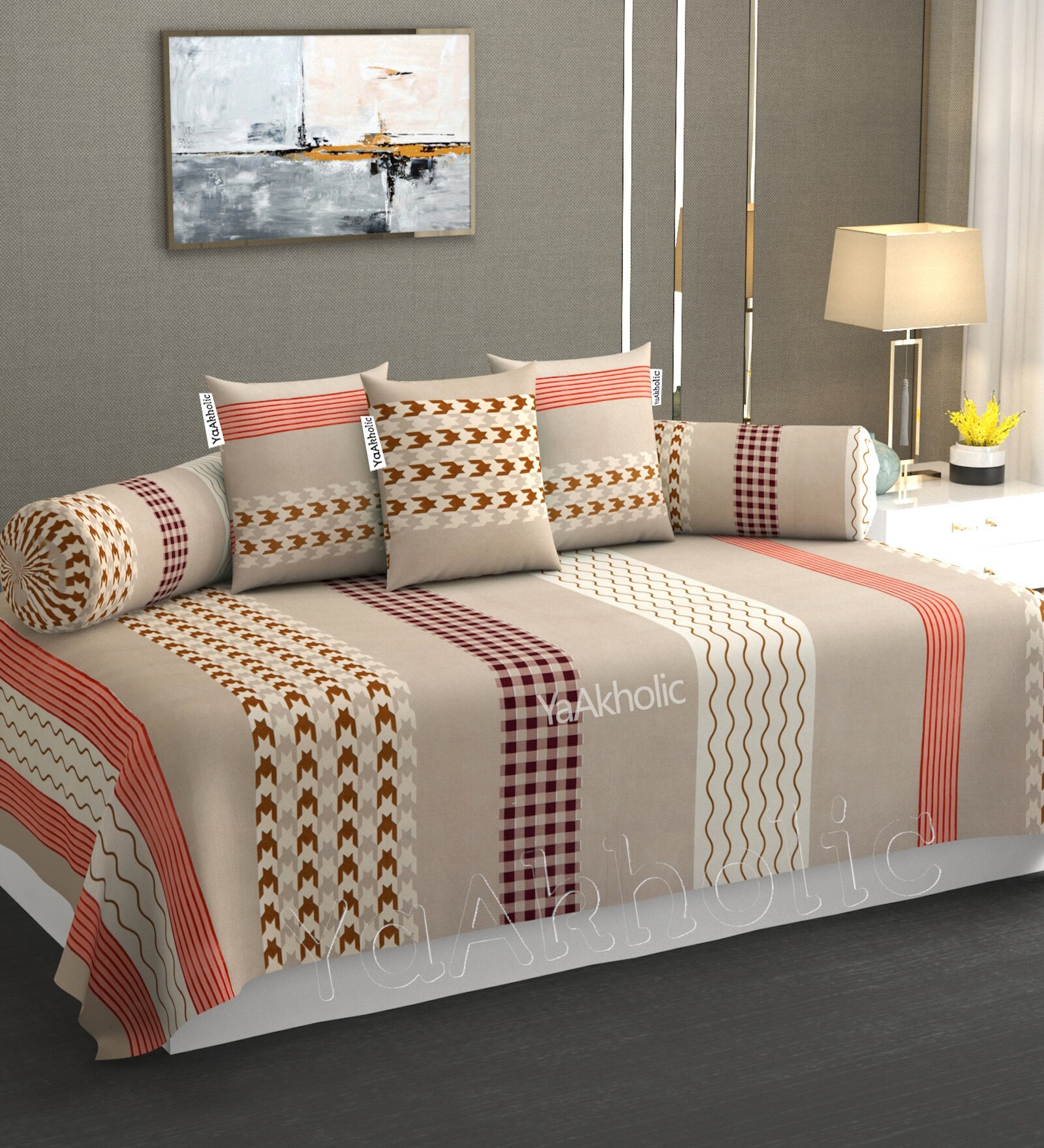 Beige Microfibre 240 TC 6 Pcs Diwan Set