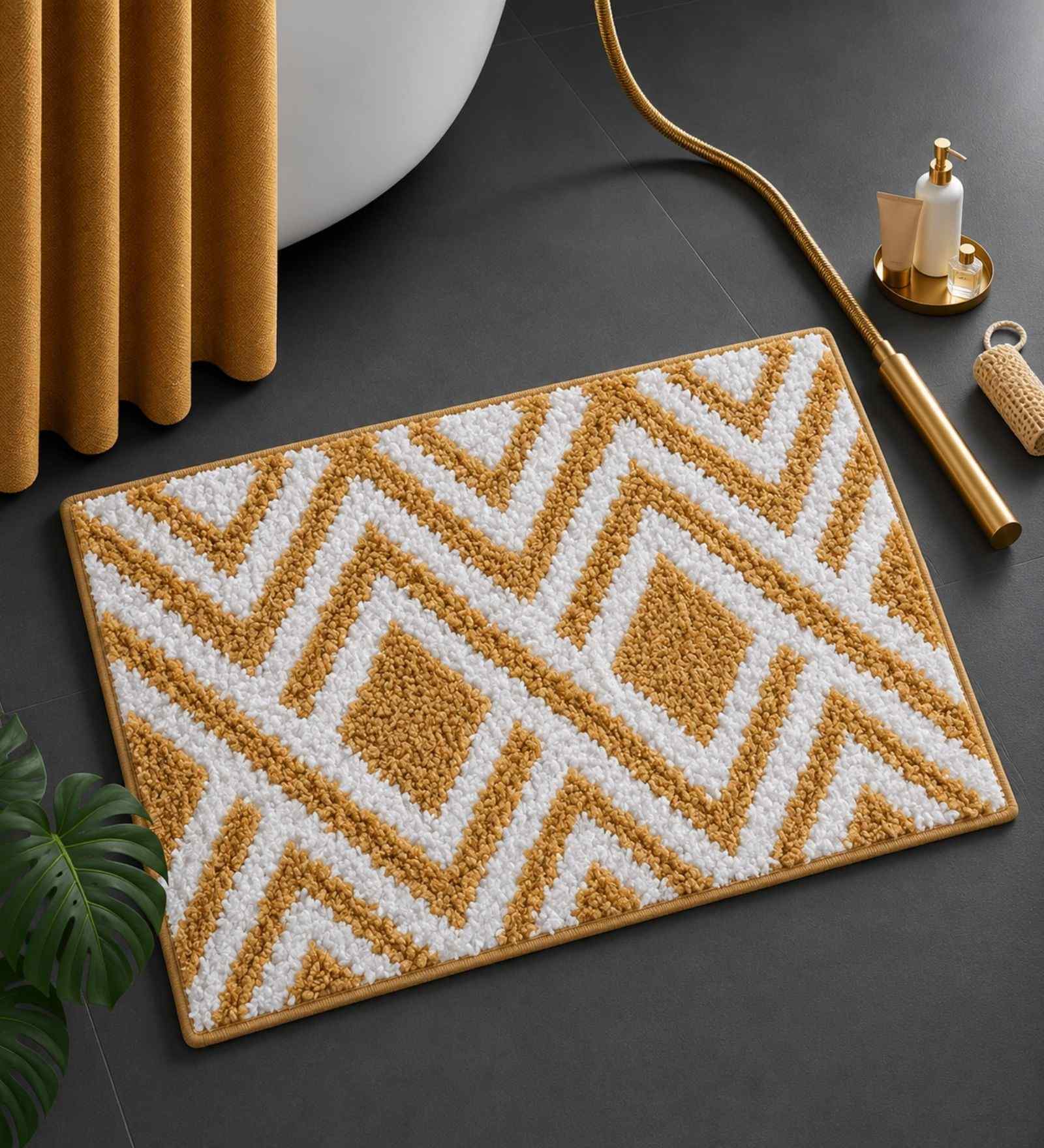 Beige Ziczac Microfibre 24X16 Inches Anti-Skid Bath Mat