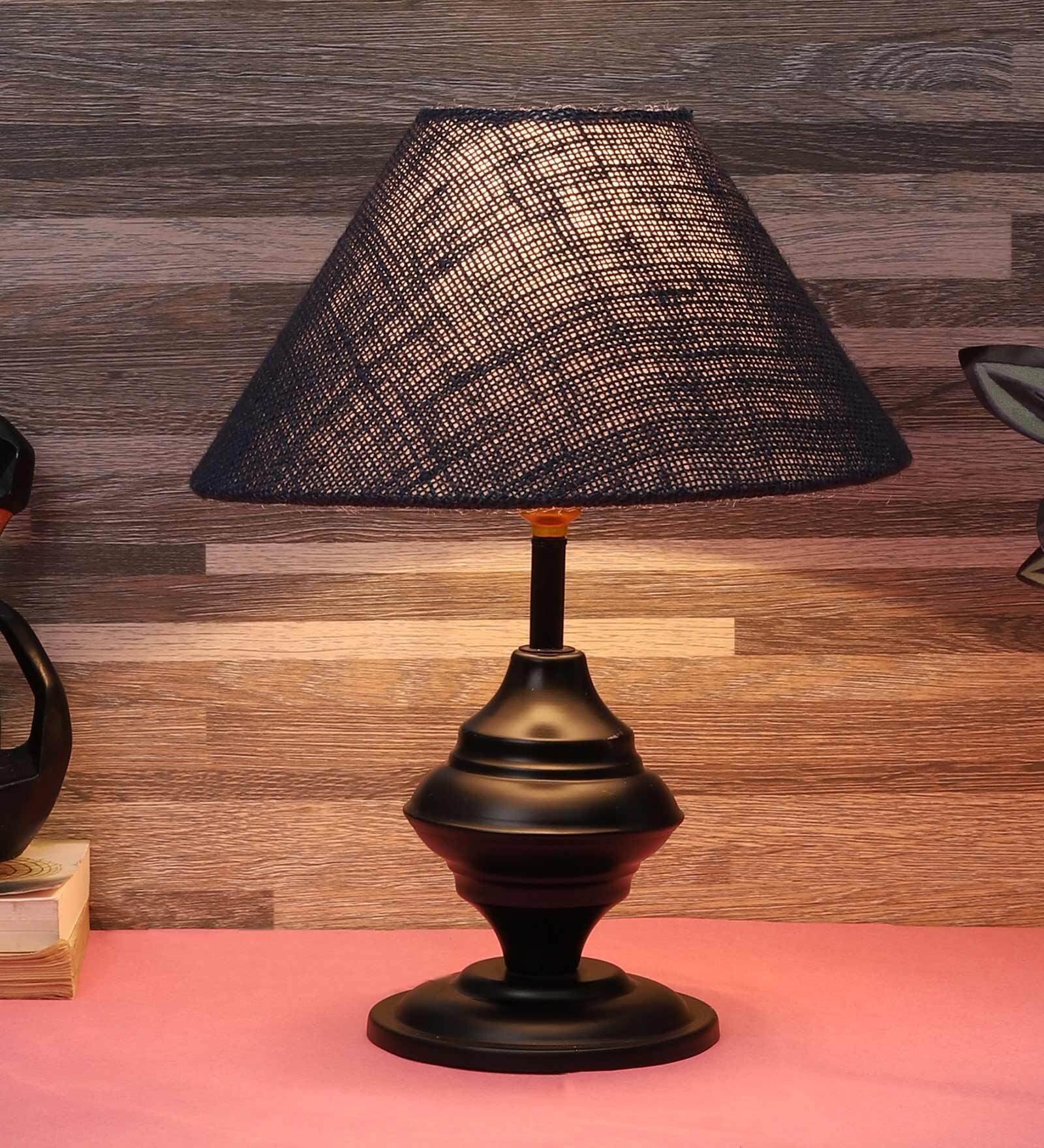 Beige Natural Fiber Shade Table Lamp With Black Base