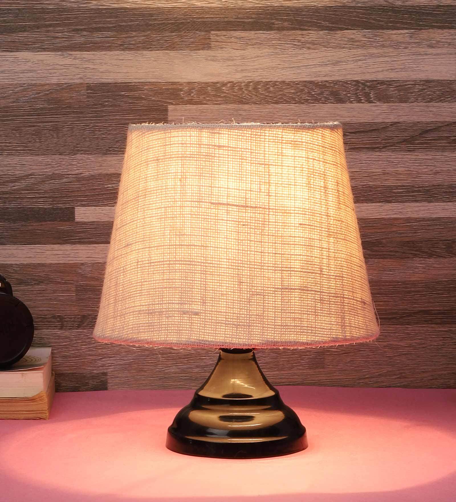Beige Natural Fiber Shade Table Lamp With Black Base