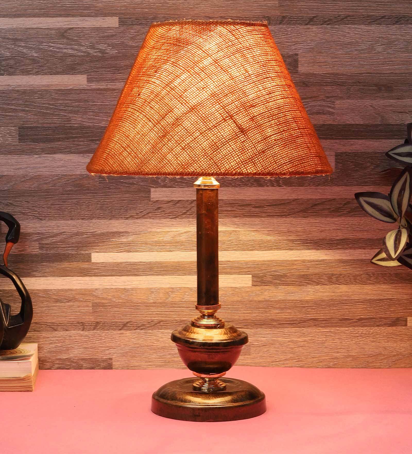 Beige Natural Fiber Shade Table Lamp With Copper Base
