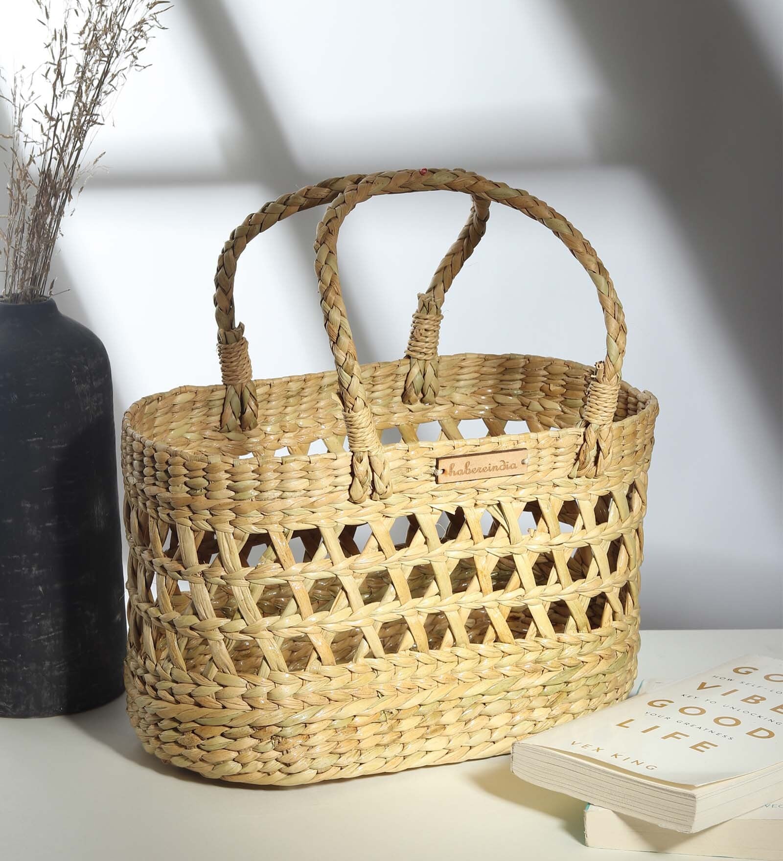 Beige Natural Fibre Hamper Fruit Basket- Oval Jali