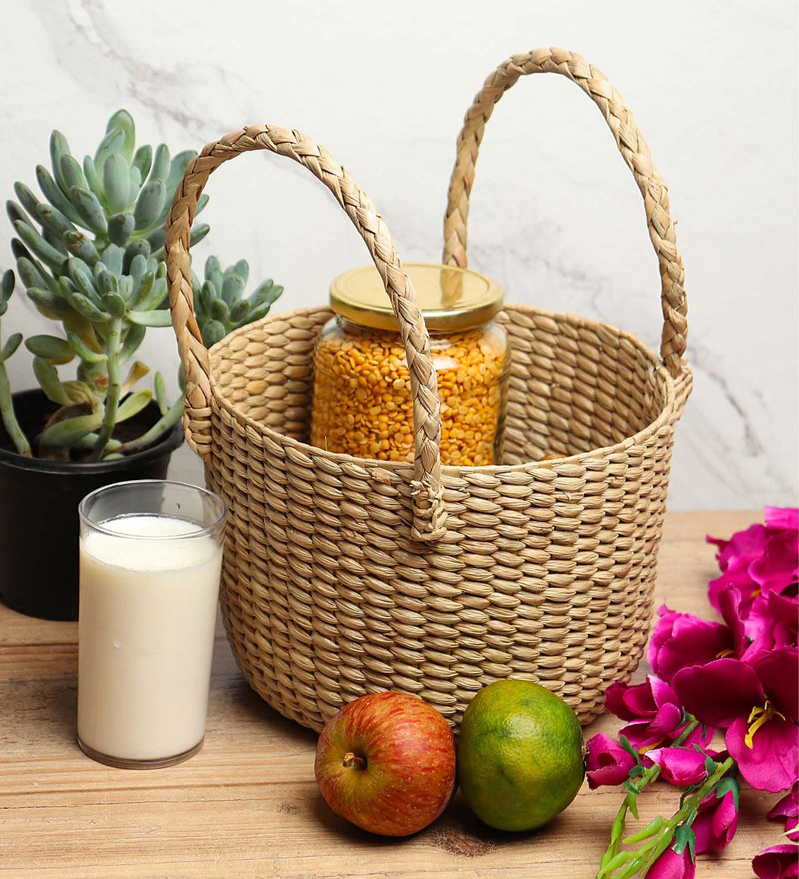 Beige Natural Fibre Hamper Fruit Basket