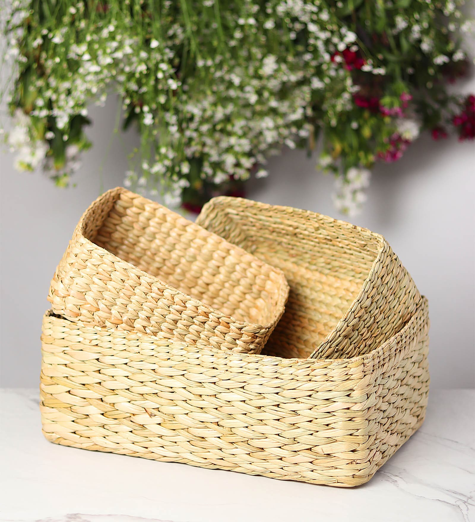 Beige Natural Fibre Set of 3 Organiser Tray and Storage Basket