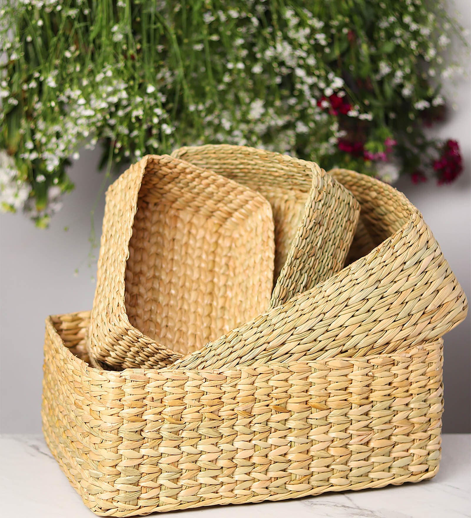 Beige Natural Fibre Set of 4 Organiser Tray and Storage Basket
