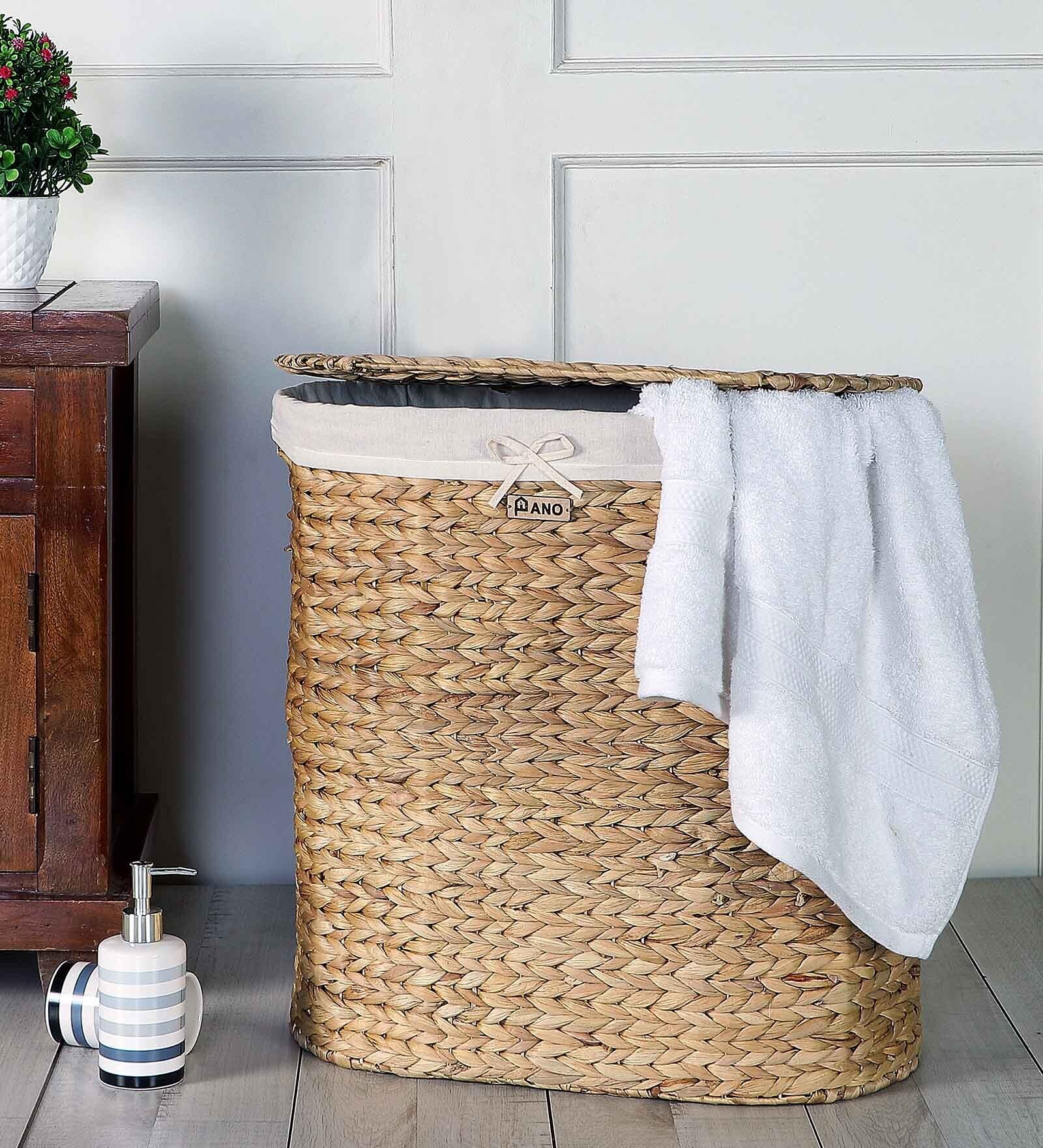 Beige Natural Grass 52 Ltr (1Pc) Laundry Basket with Lid