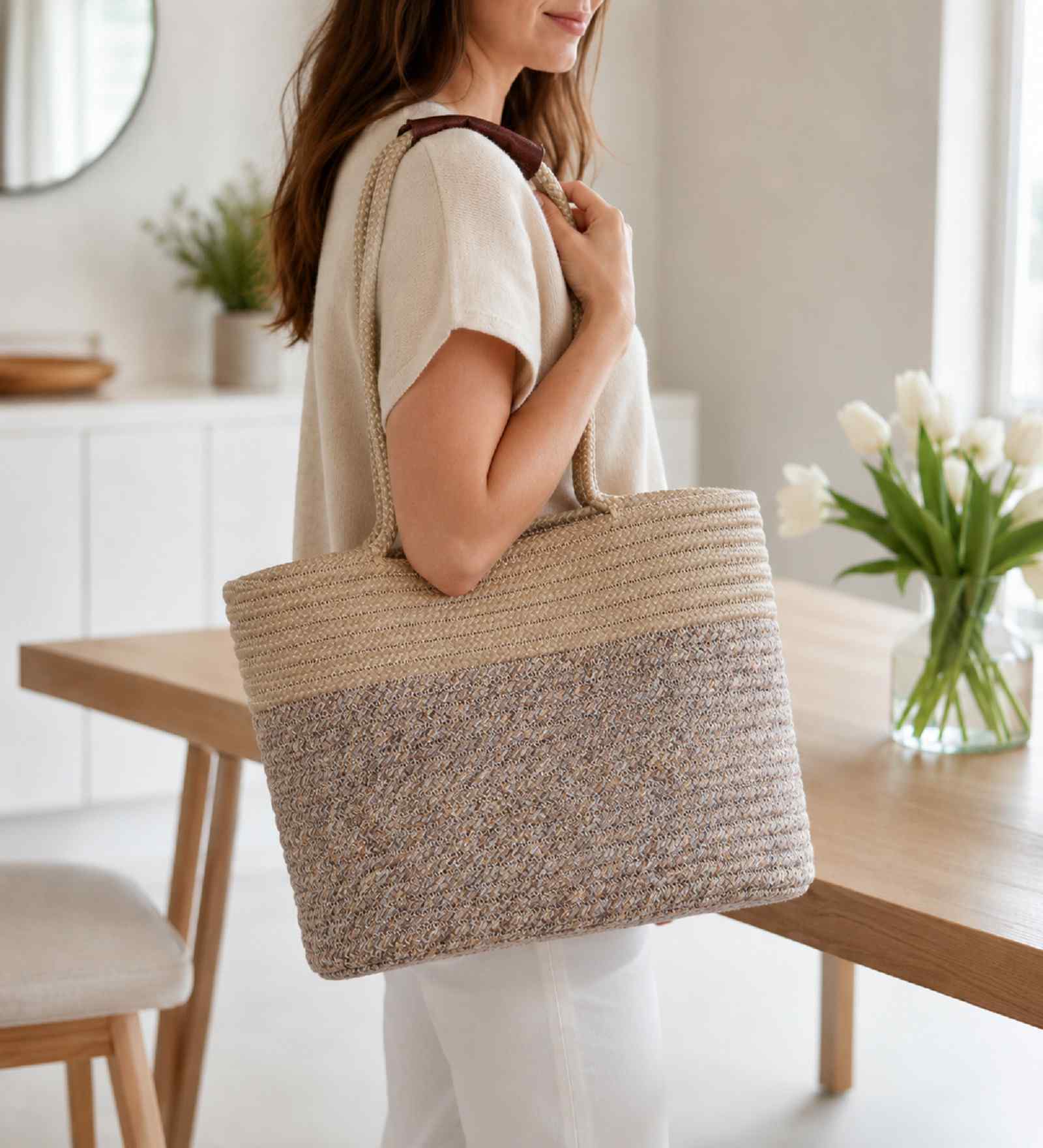 Beige Natural Polypropelyene Braided Corsica Tote Basket/Bag