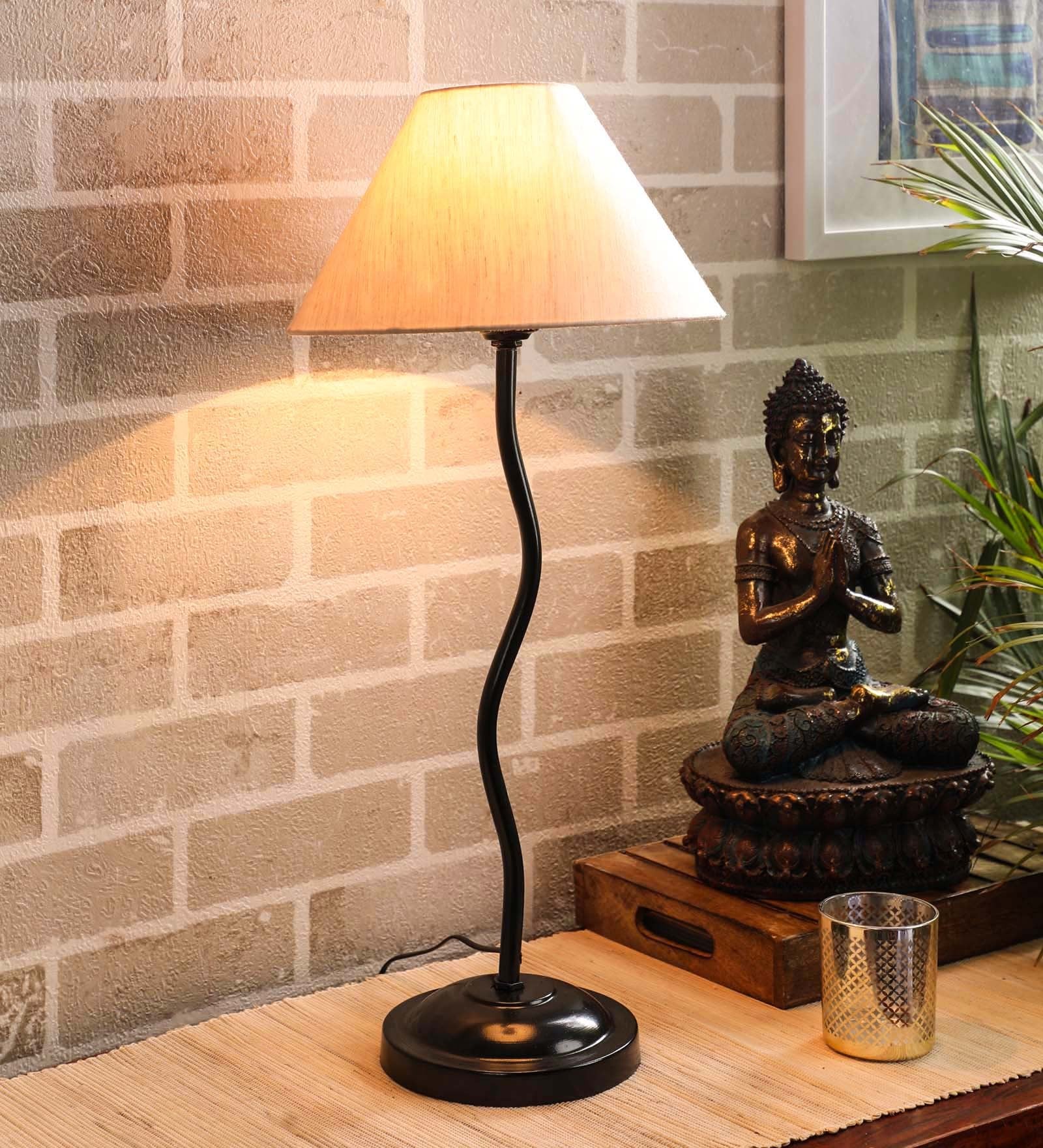 Beige Fabric Shade Table Lamp with Black Base