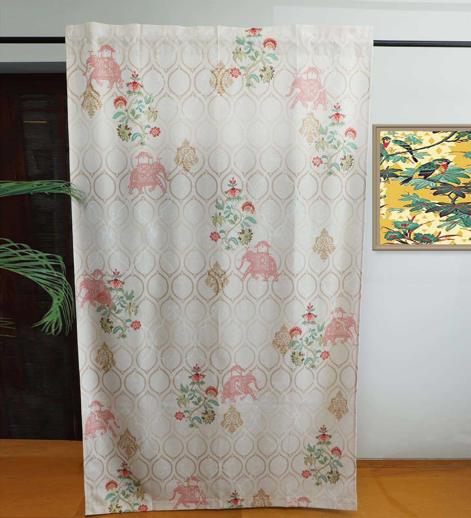 Beige Polycanvas Floral 7ft Blackout Fabric Loops Door Curtain