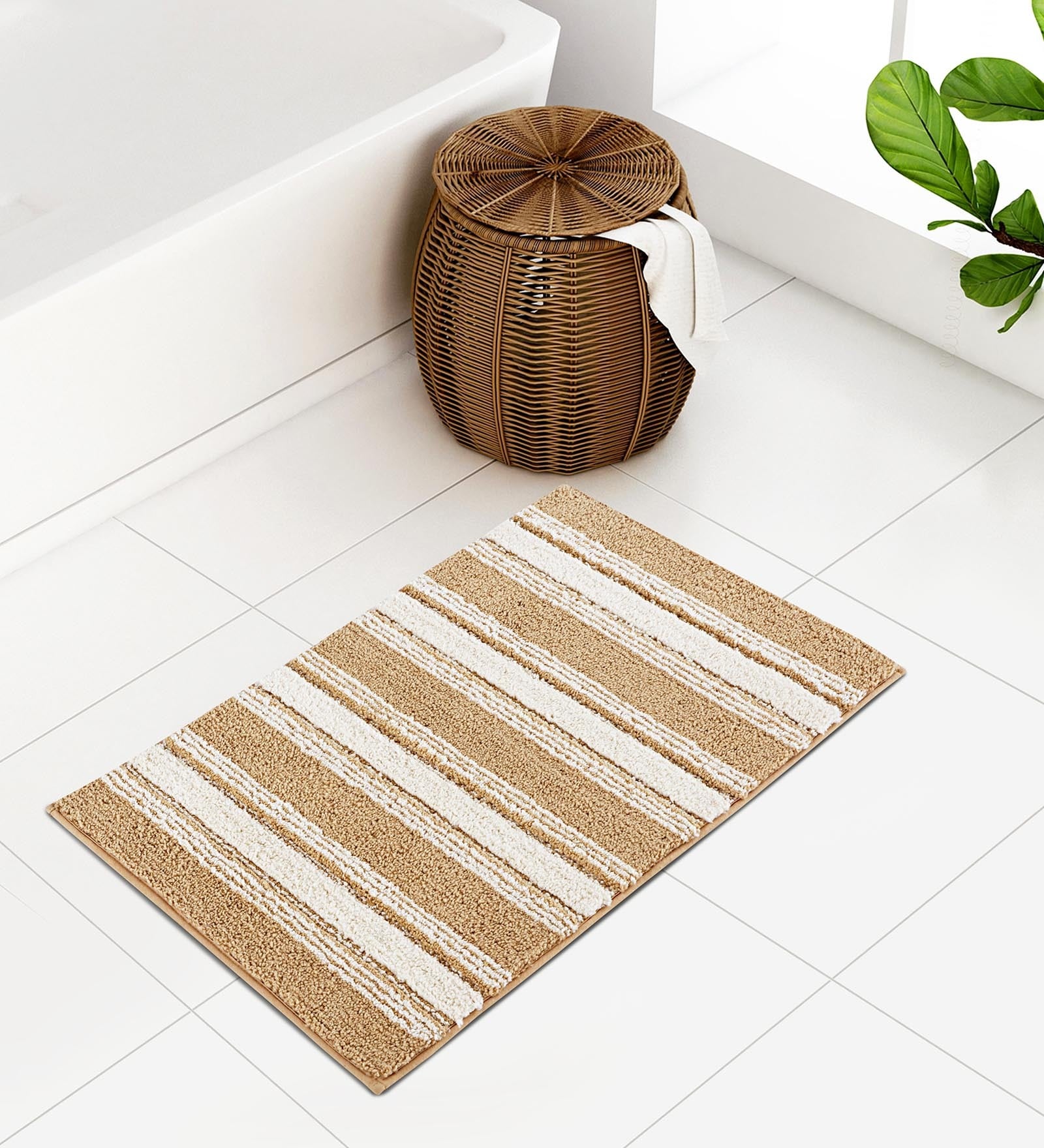 Beige Polyester 24X16 Inches Anti-Skid  Bath Mat