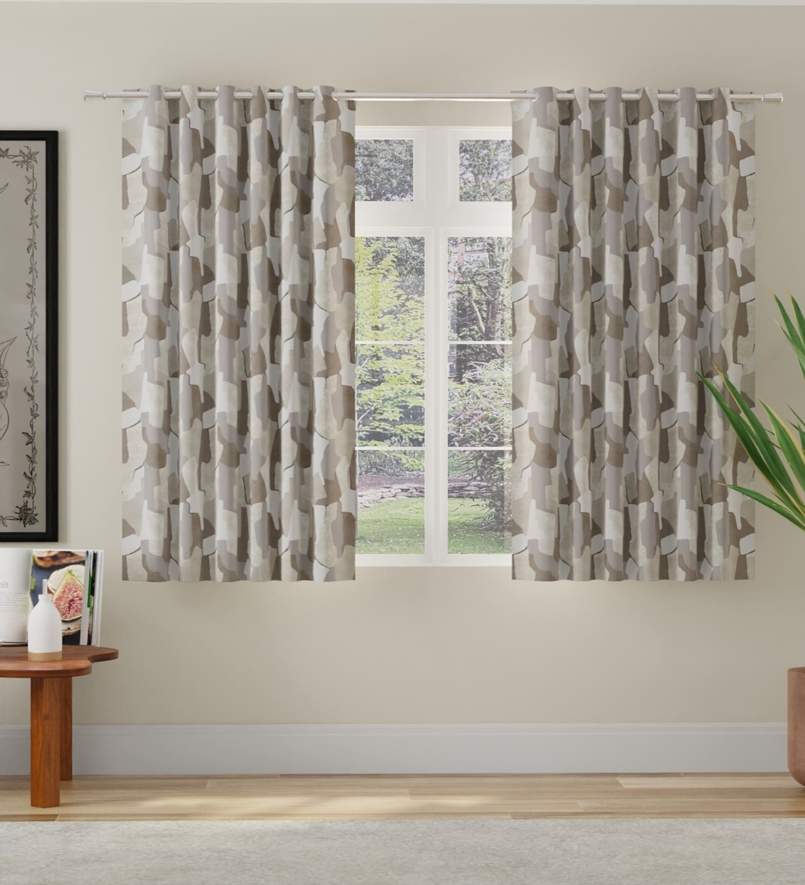 Beige Polyester Abstract 5ft Room Darkening Eyelet Window Curtains (2 Pc)