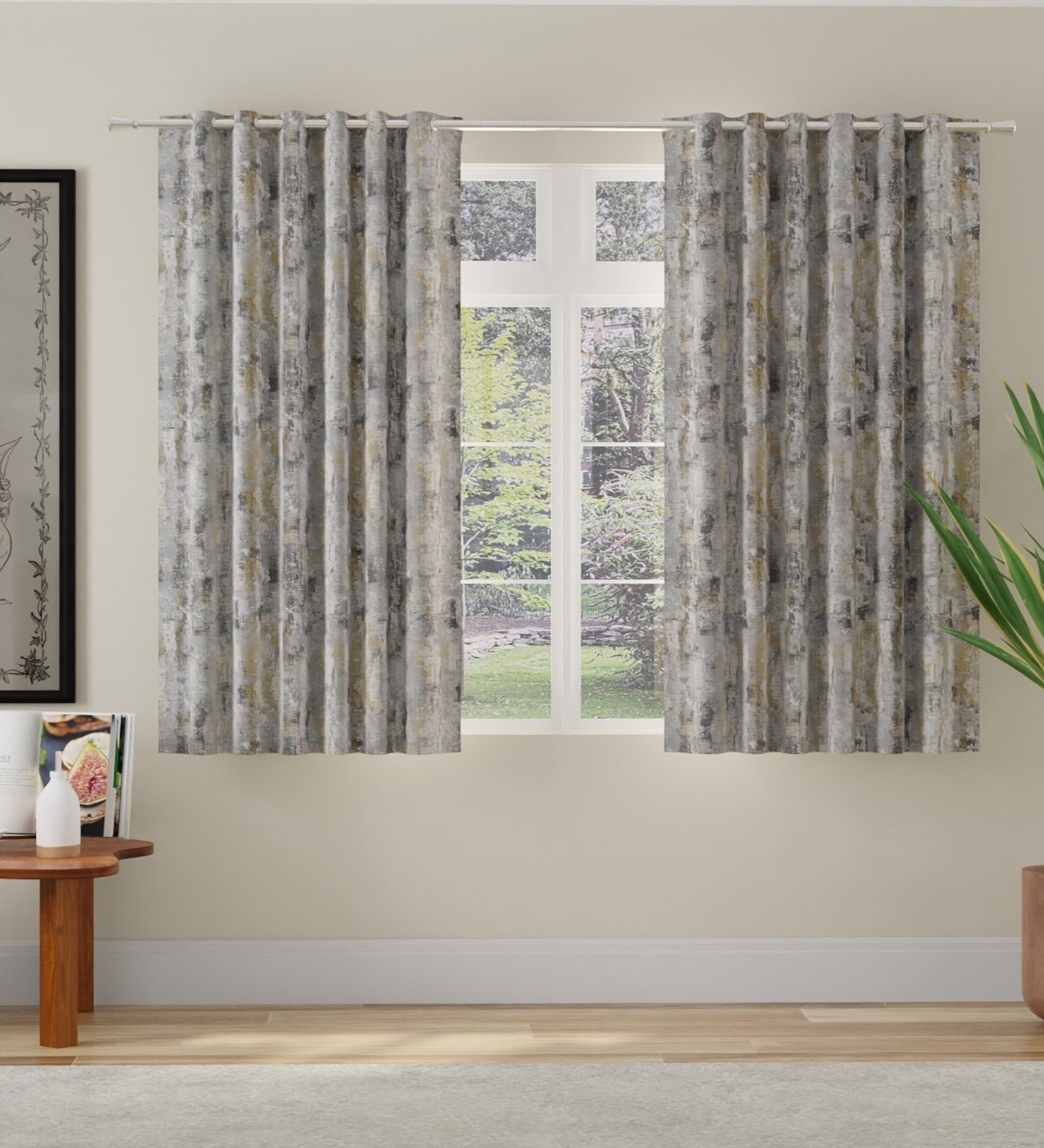 Beige Polyester Abstract 5ft Room Darkening Eyelet Window Curtains (2 Pc)