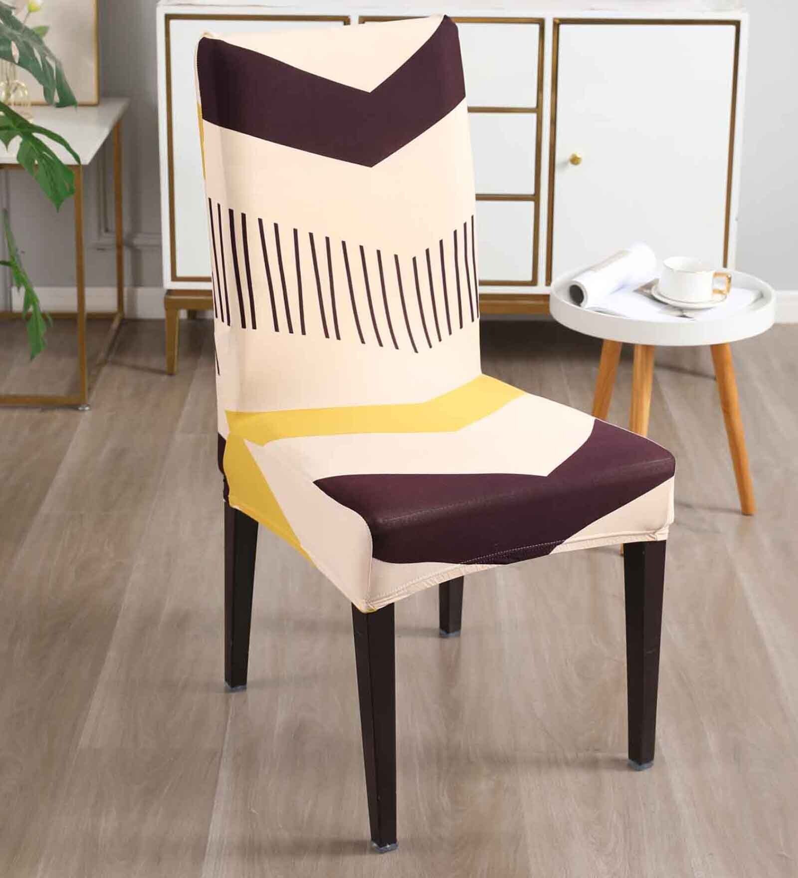 Beige Polyester Abstract Stretchable Chair Cover (1Pc)