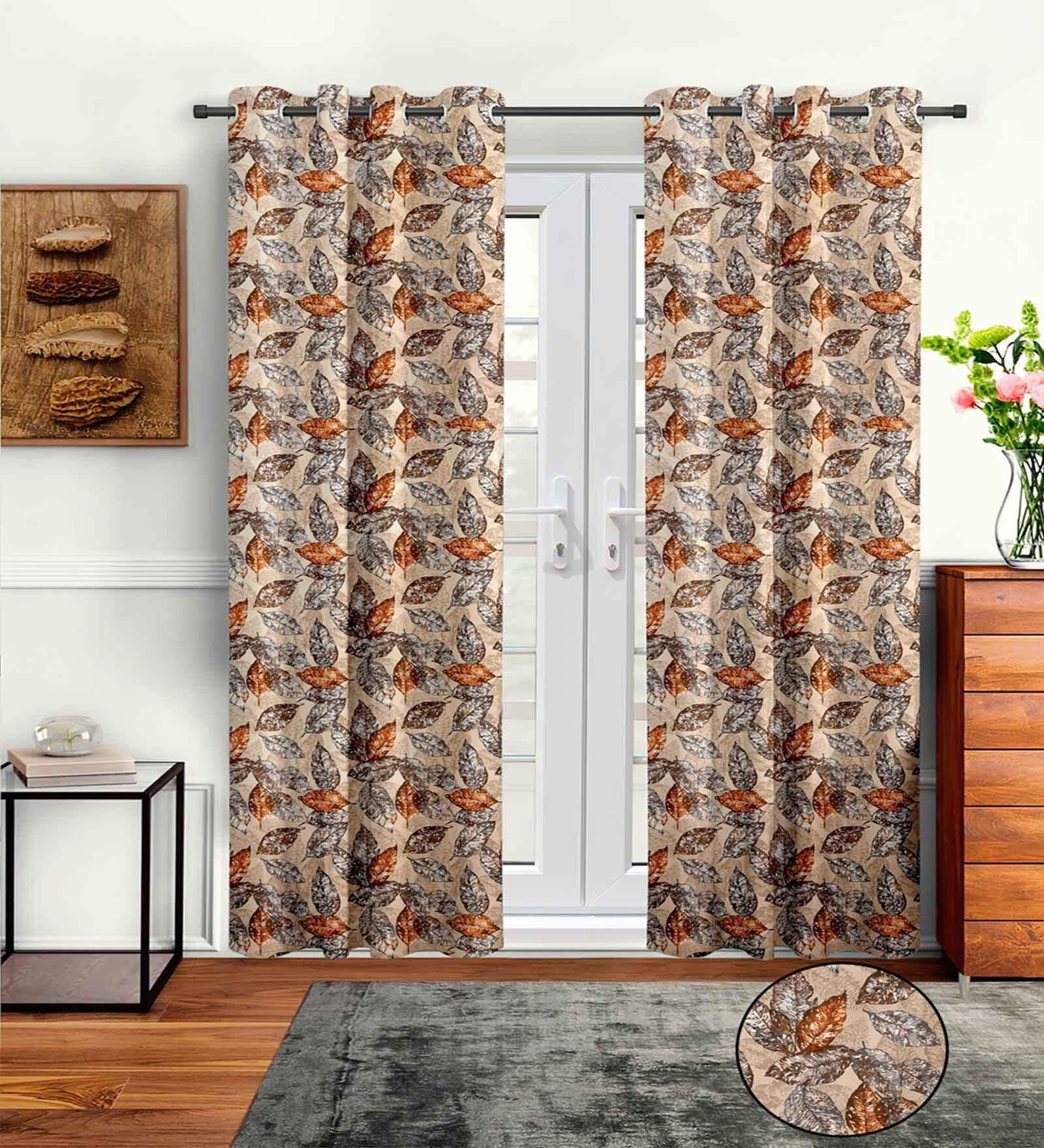 Beige Polyester Floral 7ft Semisheer Eyelet 2 Pc Door Curtains