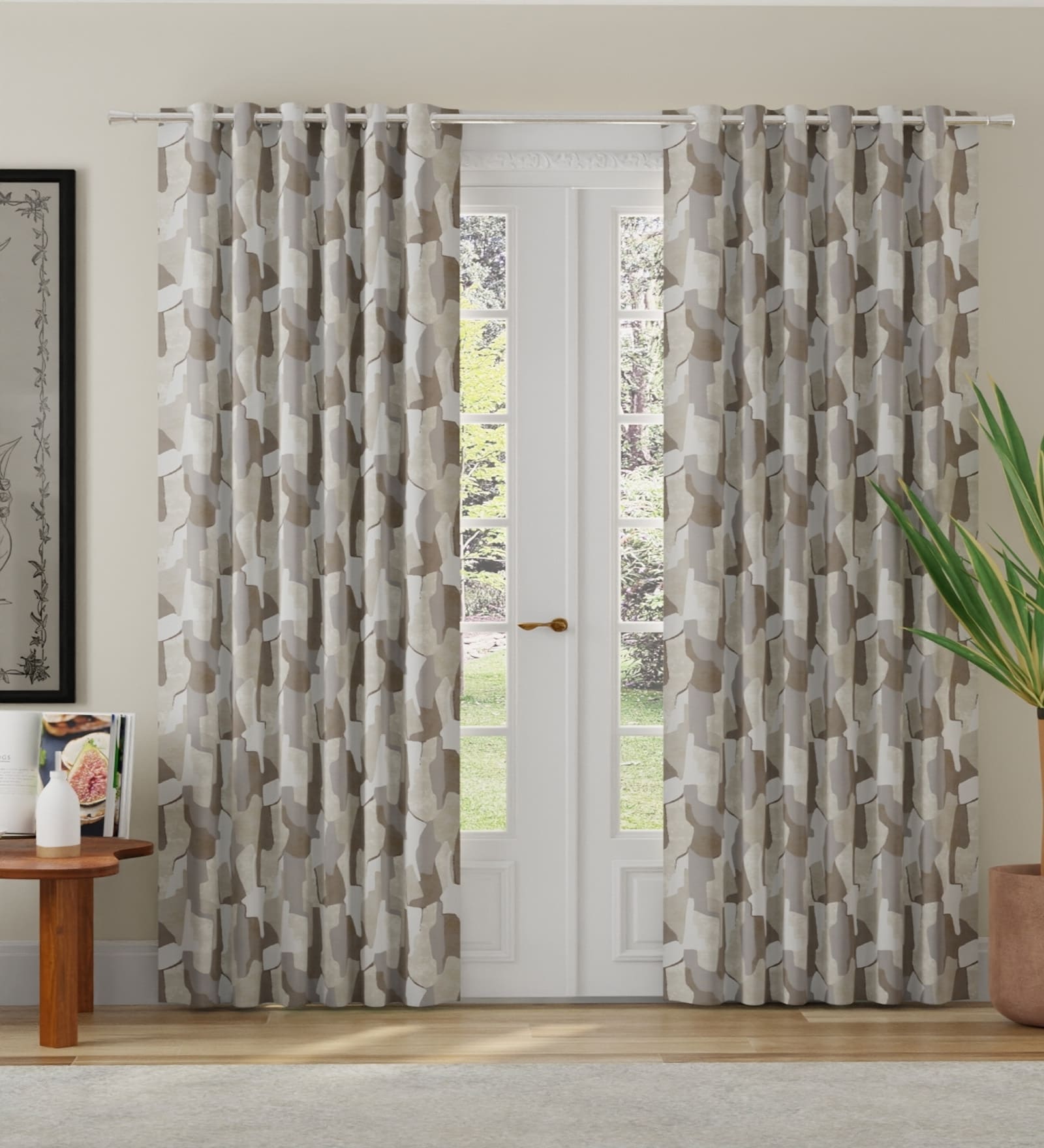Beige Polyester Abstract 7ft Room Darkening Eyelet Door Curtains (2 Pc)