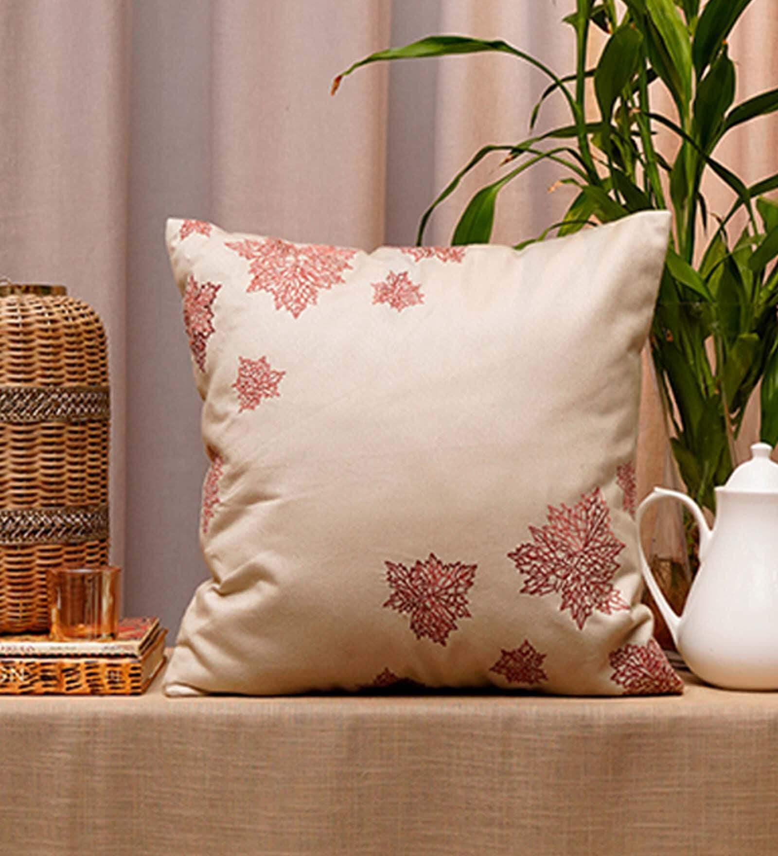 Beige Floral Polyester Blend 18 x 18 Inches Cushion Cover