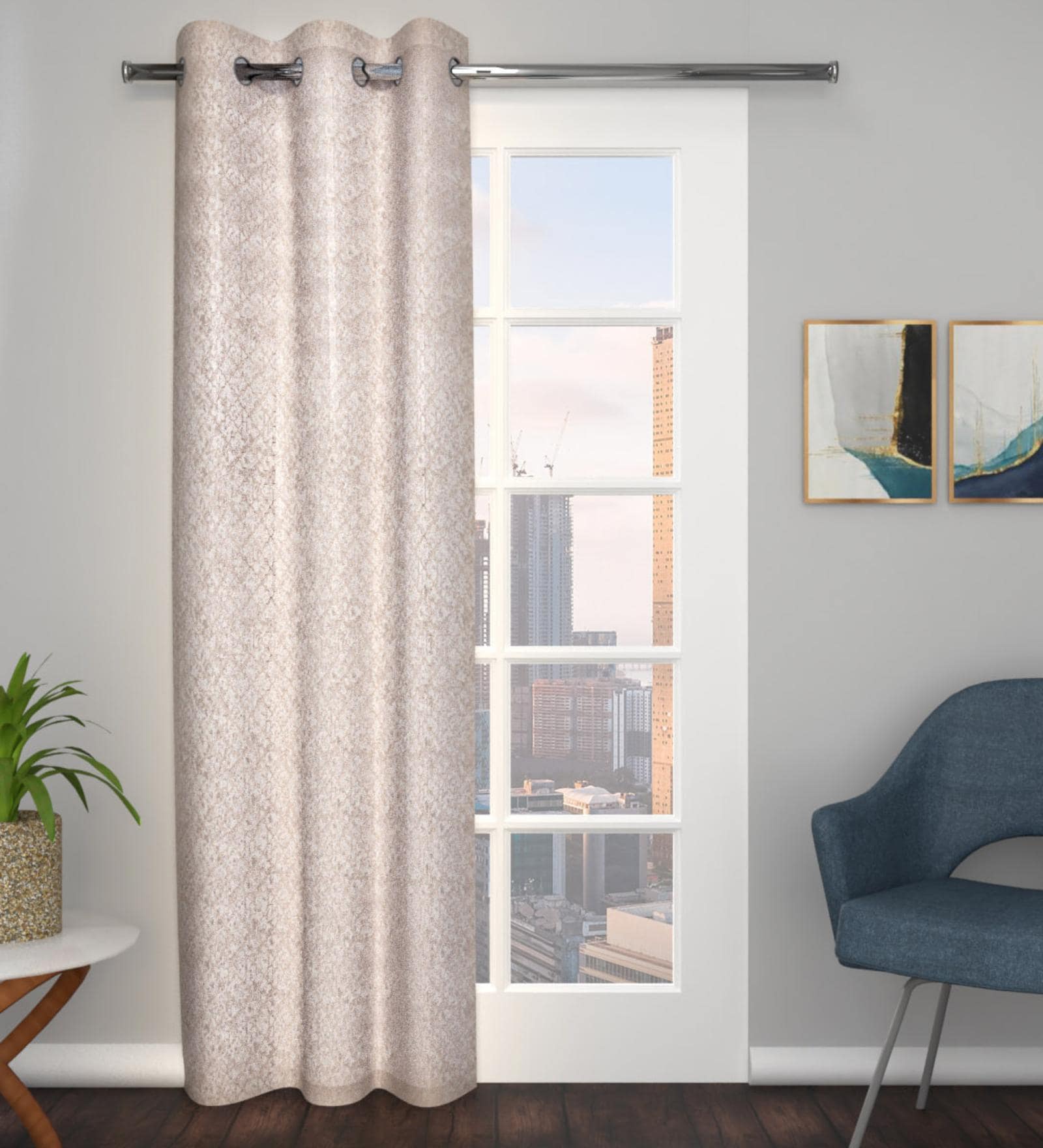 Beige Polyester Blend Geometric 8ft Light Filtering Eyelet Long Curtain
