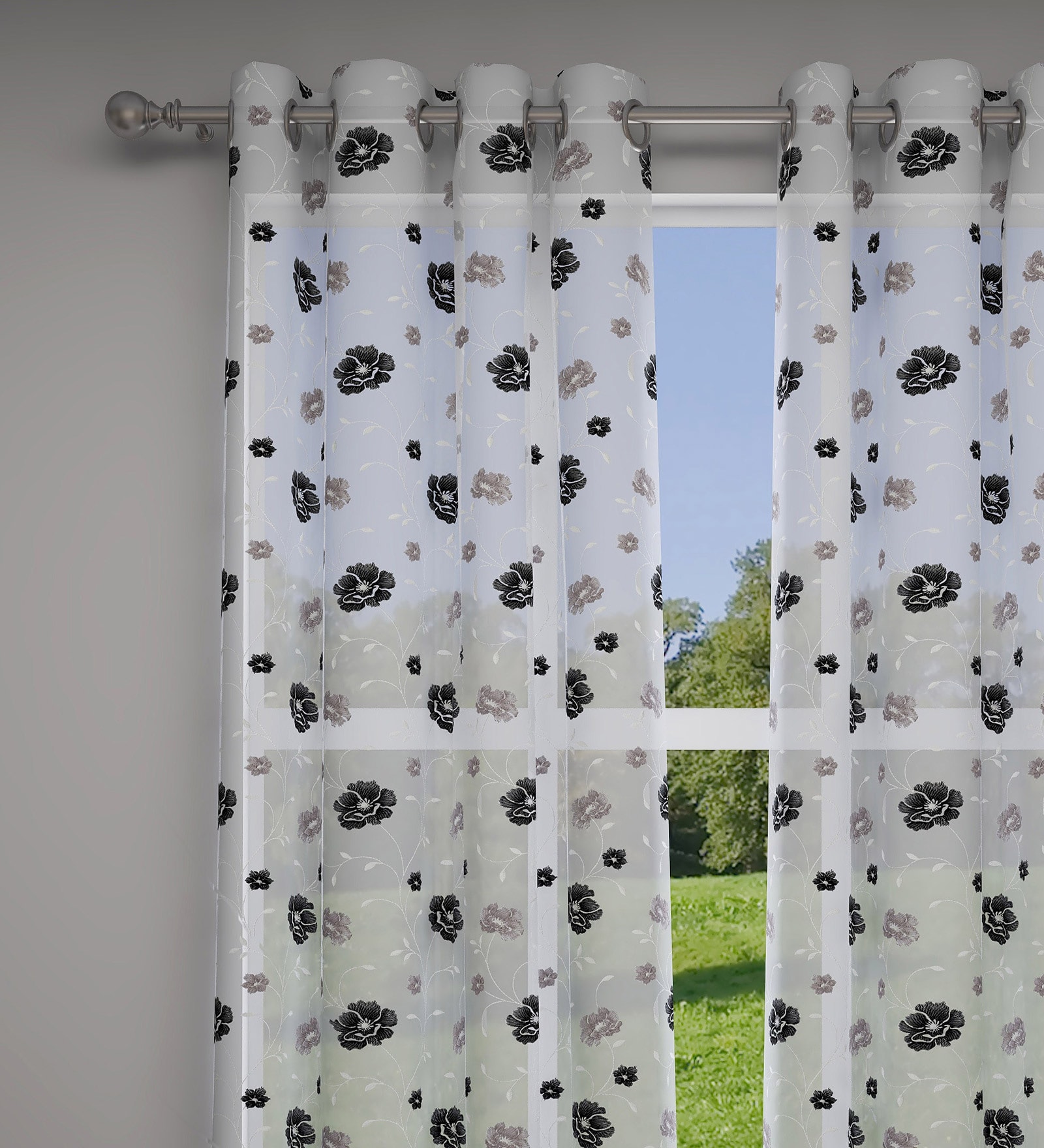 Beige Floral Polyester 7 Ft Sheer Eyelet Door Curtains (Set of 2)