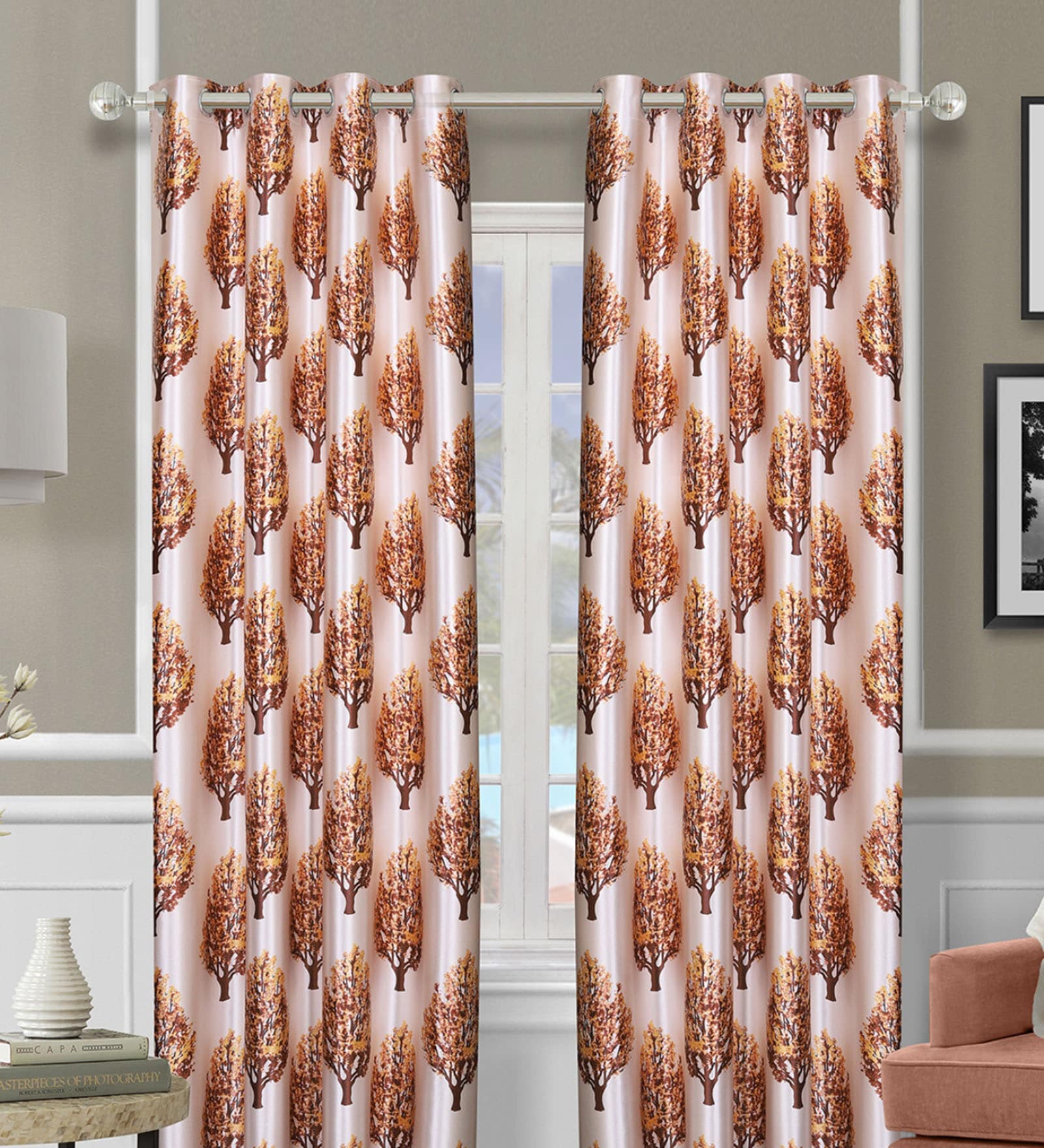Beige Polyester Floral Light Filtering Eyelet 9 Feet Door Curtains (2 Pc)