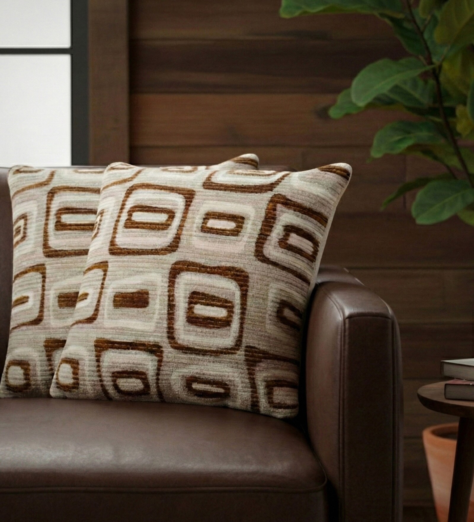 Beige Polyester Geometric 16x16 inches Cushion Covers Set of 2