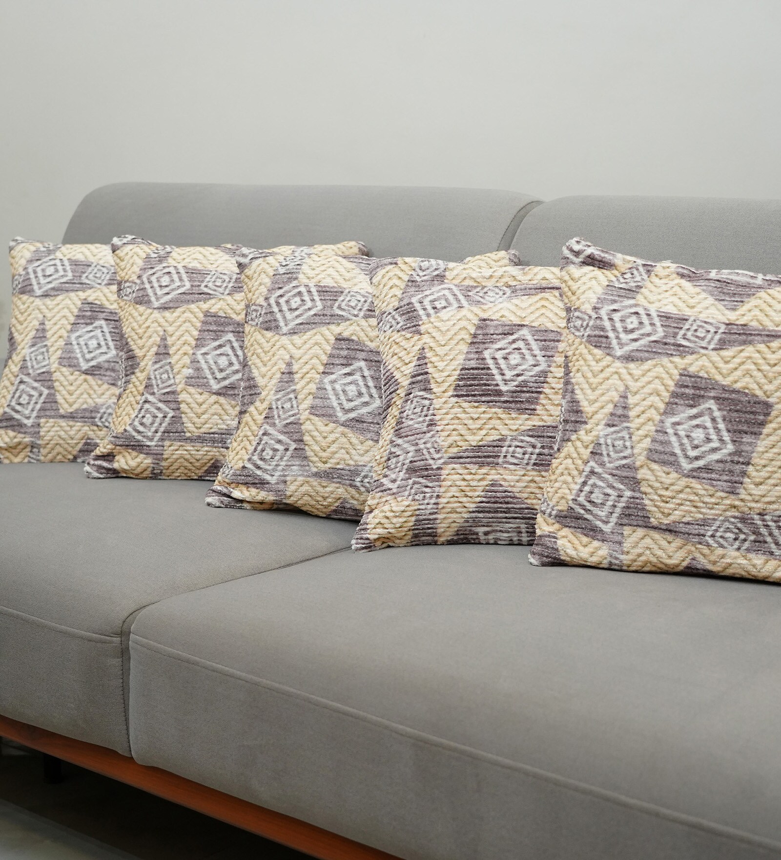 Beige Polyester Geometric 18x18 inches Cushion Covers Set of 5