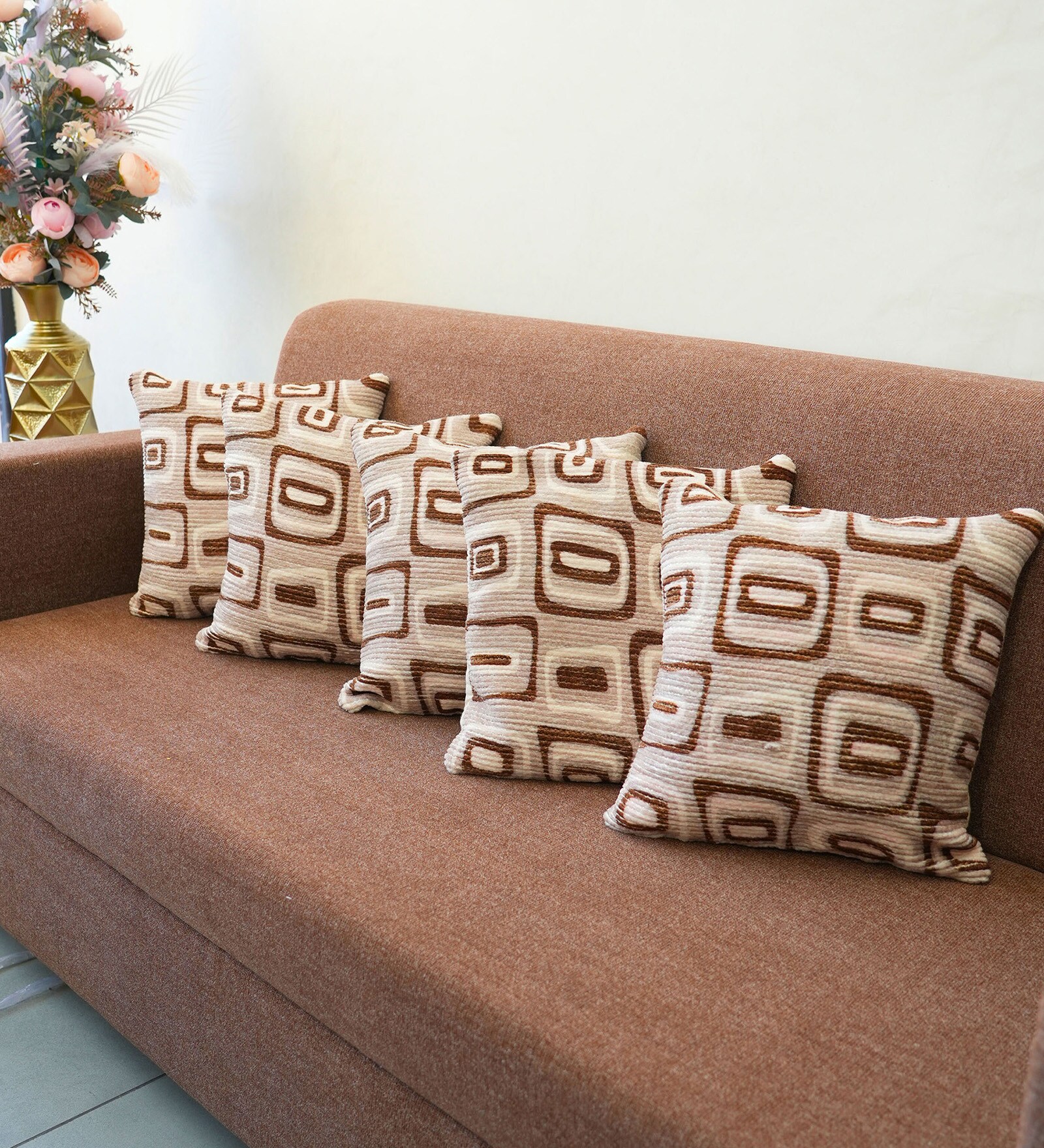 Beige Polyester Geometric 20x20 inches Cushion Covers Set of 5