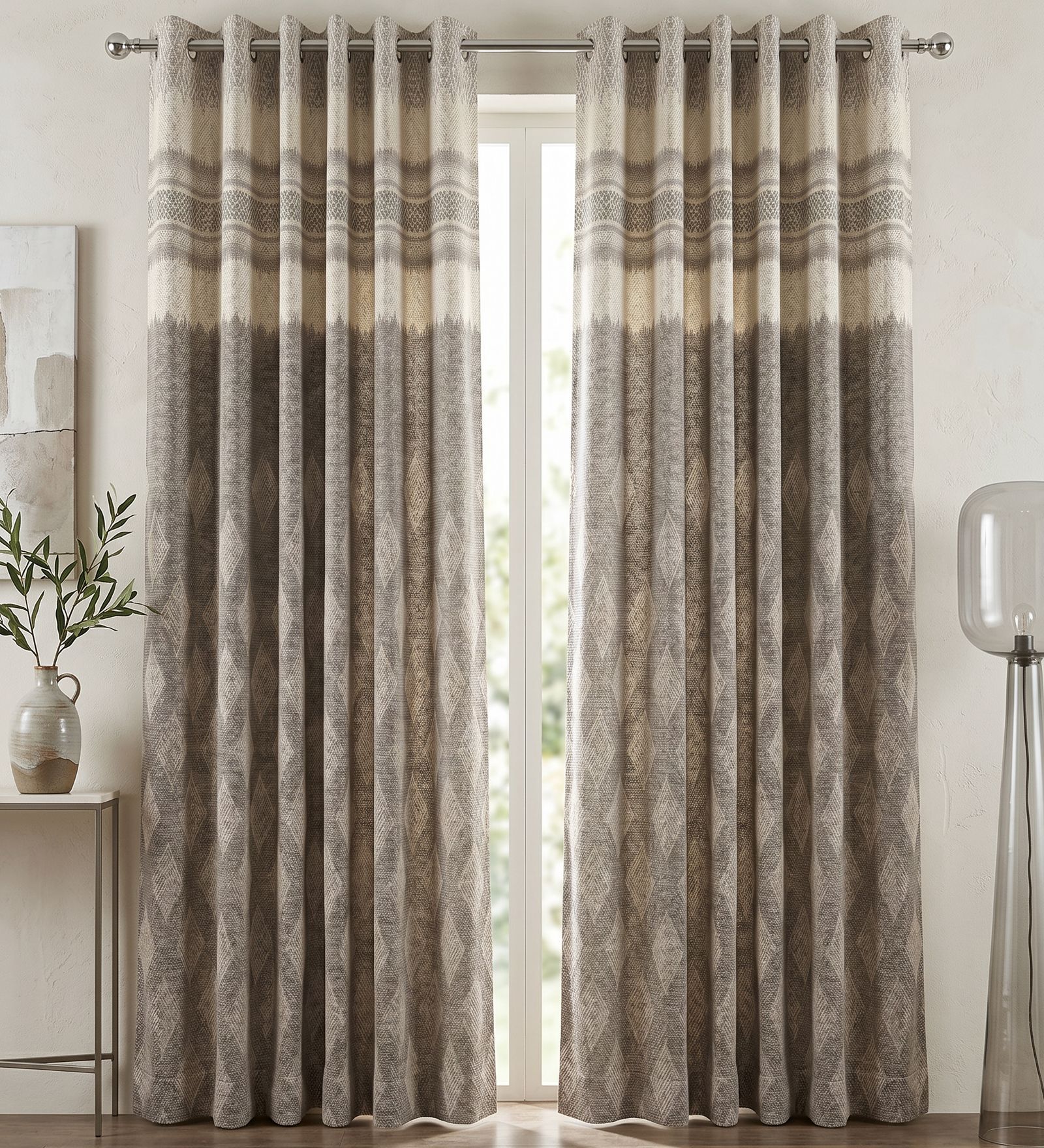 Beige Polyester Geometric 7Ft Light Filtering Eyelet Door Curtain